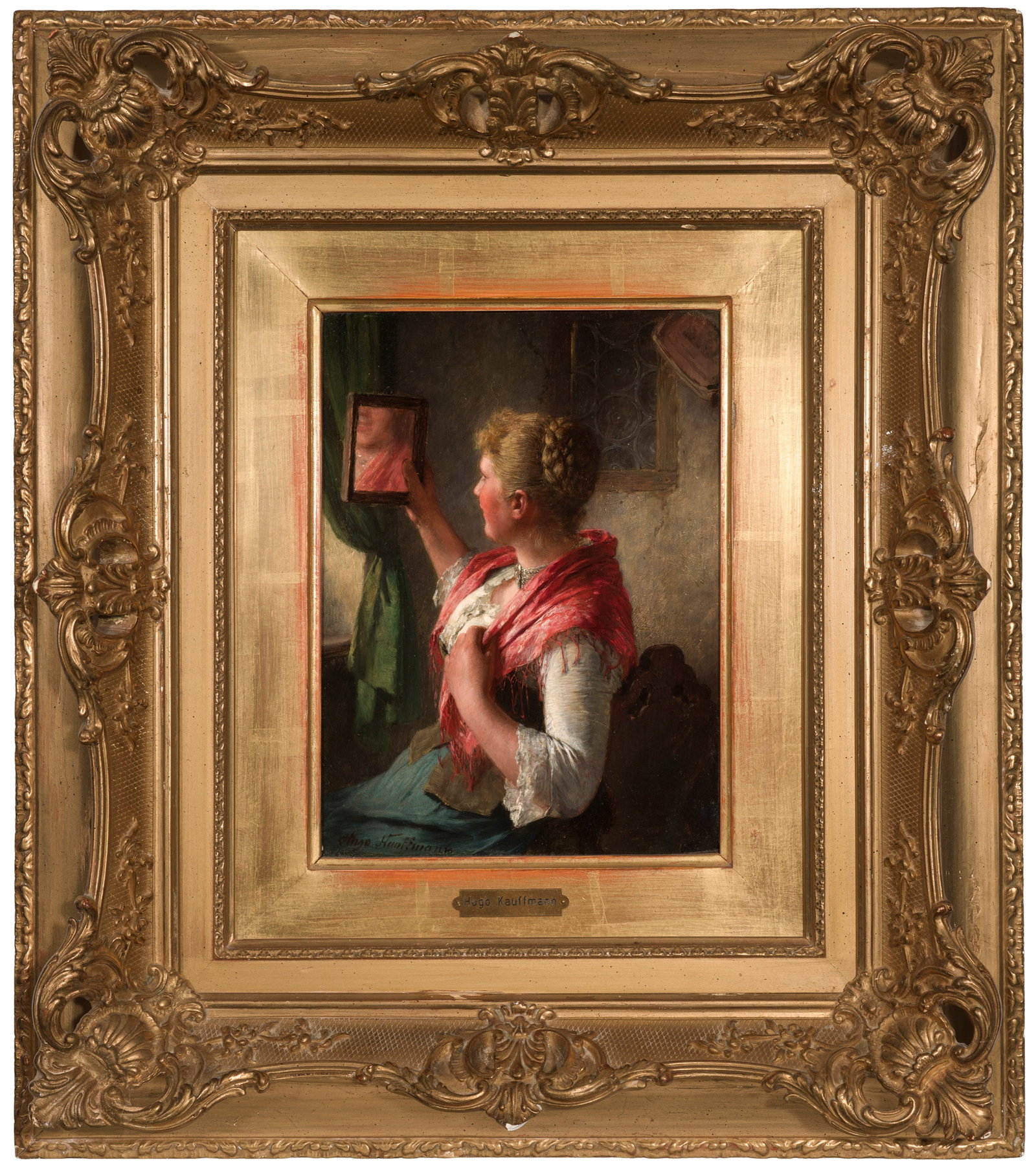 Hugo Kauffmann: (1844 Hamburg - 1915 Prien am Chiemsee) Oberbayerisches Bauernmädchen beim Blick in den Wandspiegel Fein gemaltes, charakteristisches Kabinettbild Hugo Kauffmanns, Sohn des bedeutenden Hamburger Genr