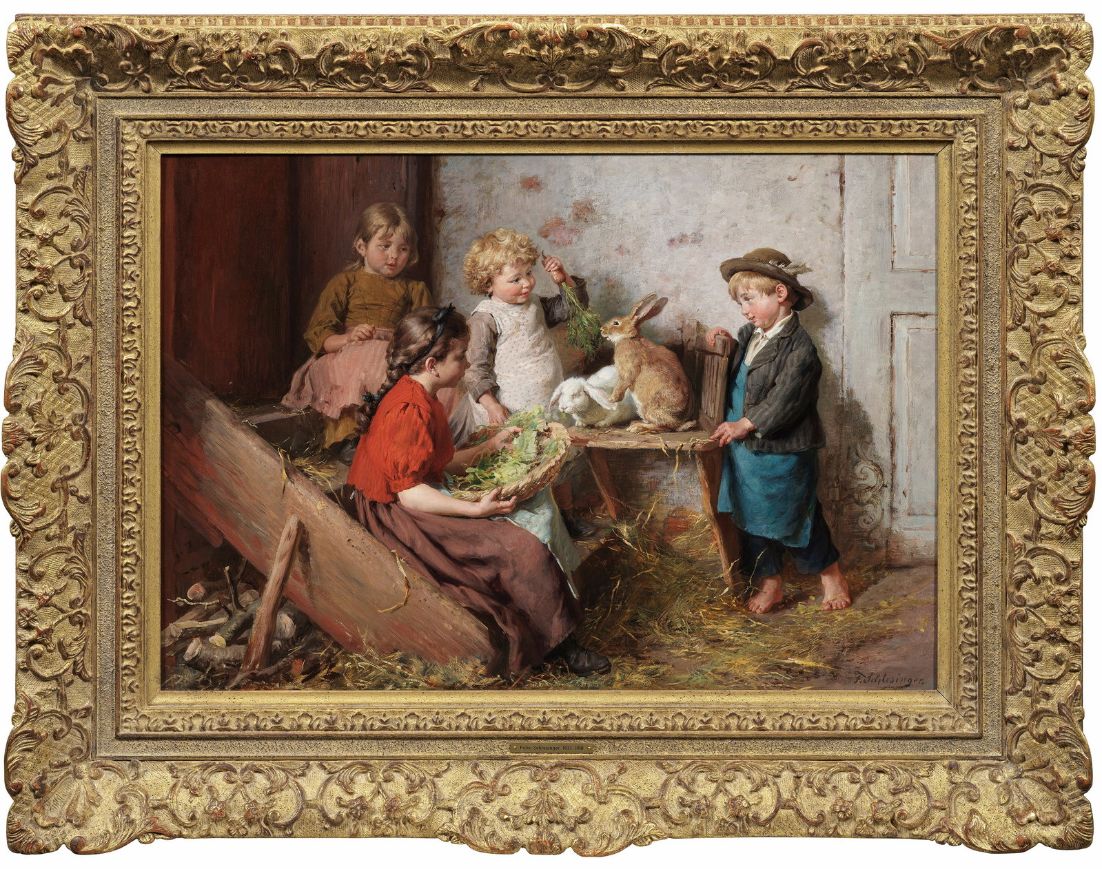 Felix Schlesinger: (1833 Hamburg - 1910 ebenda) Kinder füttern zwei Hasen In einem realistisch und detailreich geschilderten Stall haben sich drei Mädchen und ein Junge unterschiedlichen Alters um zwei Hasen versammel