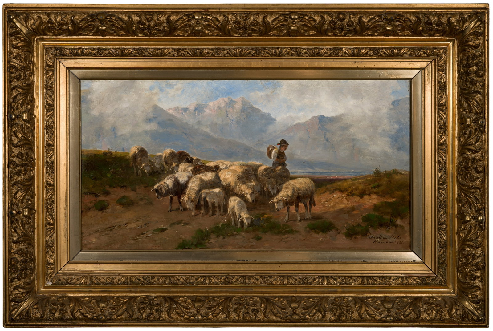 Christian Friedrich Mali: (1832 Broekhuizen bei Utrecht - 1906 München) Rastende Schafsherde in den Alpen Stimmungsvoll unter tief stehenden Wolken inszenierte Alpenlandschaft mit weidender Schafsherde und Hirtin. In gekonnt 