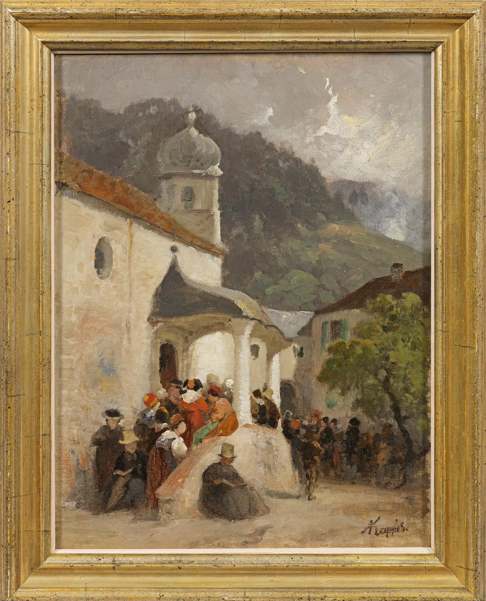 Albert Kappis: (1836 Wildberg - 1914 Stuttgart) Kirchgang in Triberg Blick auf den belebten Eingang der Wallfahrts- und Pfarrkirche "Maria in der Tanne" im Schwarzwald. 1885/86 entstanden, gibt das Gemälde mit sein