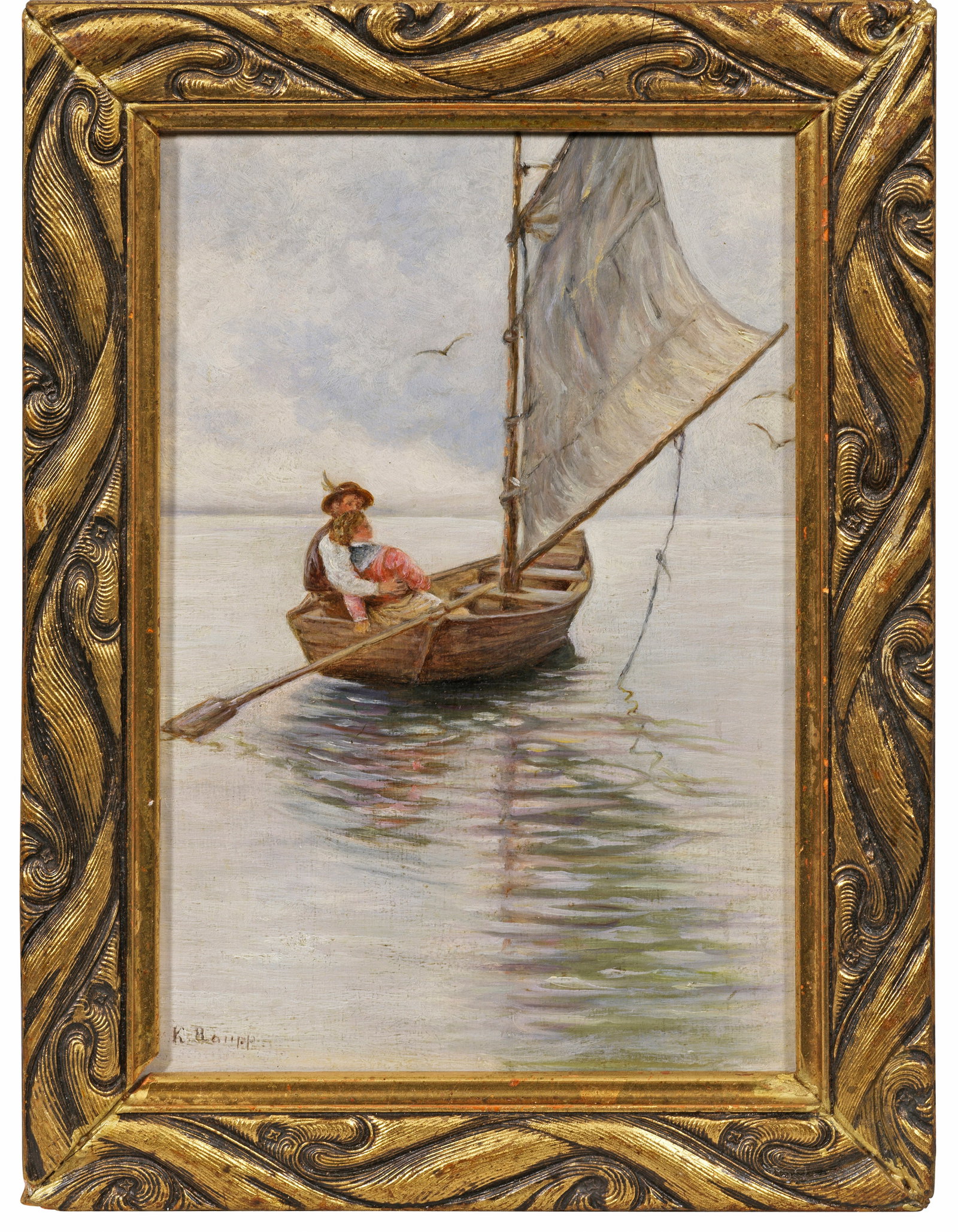 Karl Raupp: (1837 Darmstadt - 1918 München) "Windstille". Originaltitel In ausschnitthafter Komposition fängt Raupp den stillen Moment der trauten Zweisamkeit eines Pärchens ein, das bei Windstille in einem kl