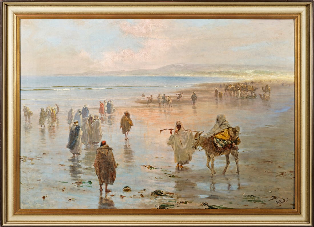 Felix Possart: (1837 Berlin - 1928 ebenda) Orientalische Strandszene In rötliches Abendlicht getauchte Darstellung eines regen Treibens am Strand, bei dem zahlreiche Beduinen offenbar die Anlandung eines Fischerboo
