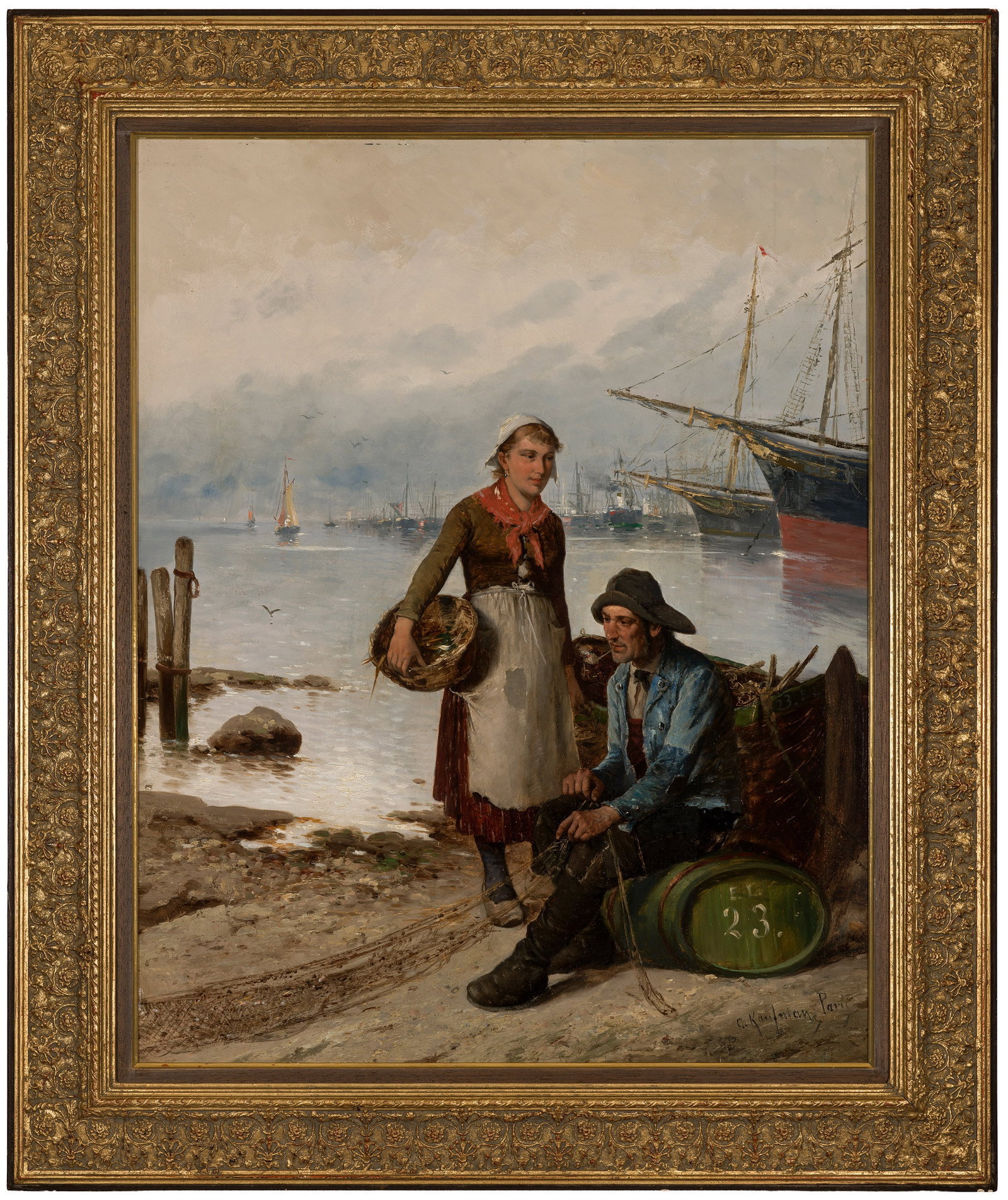 Adolf Kaufmann: (1848 Troppau - 1916 Wien) Fischerpaar am Hafen An einem diesigen Morgen schildert Kaufmann die beiden Fischersleute mit Körben und Netzen vor ihrem Boot am Ufer, während sich im Hintergrund ein wei