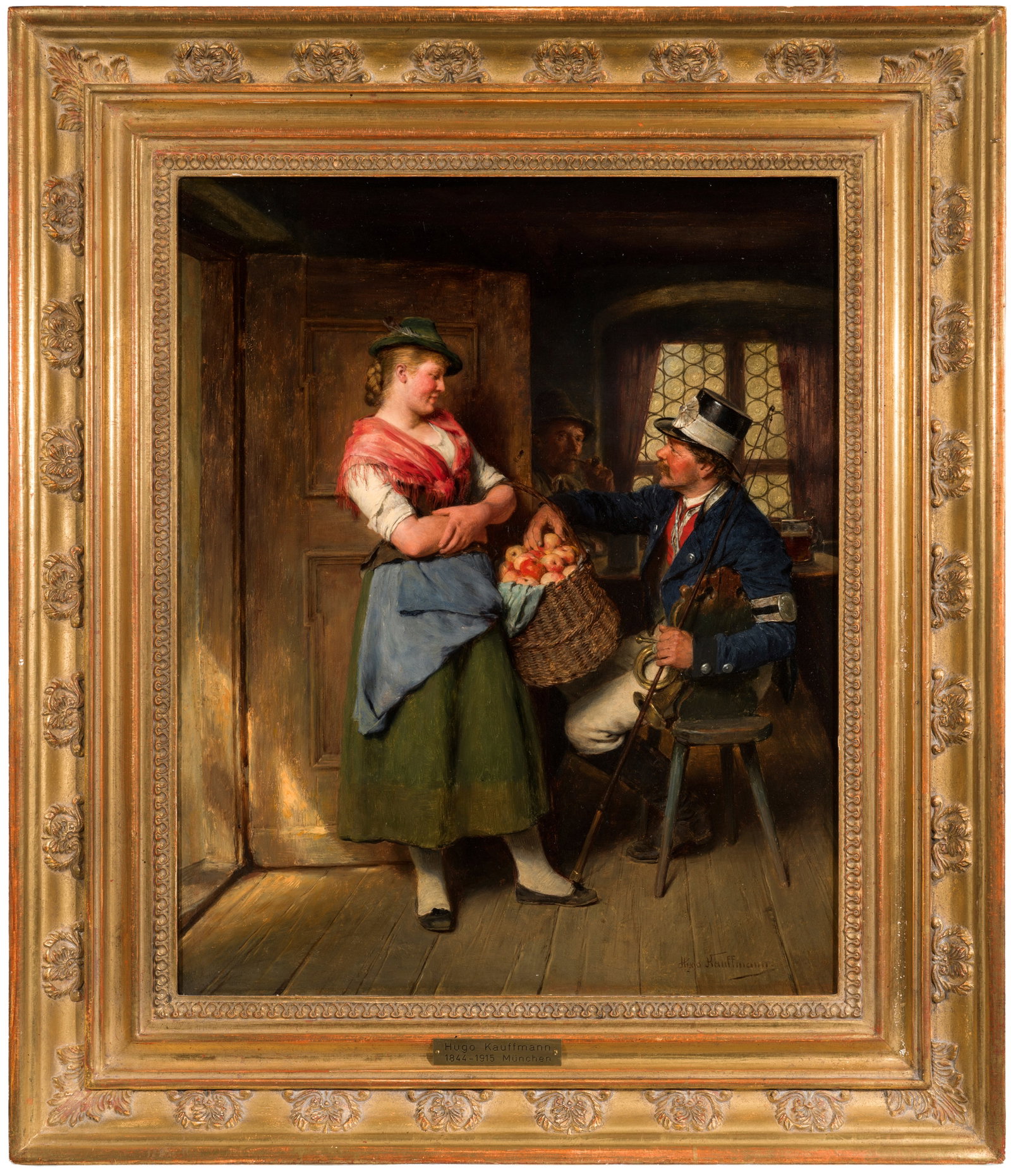 Hugo Kauffmann: (1844 Hamburg - 1915 Prien/Chiemsee) Der Postillon und das Mädel mit Apfelkorb In einer dunklen Wirtshausstube mit Butzenfenstern versucht ein Postillon in charakteristischer, dunkelblauer Unifom