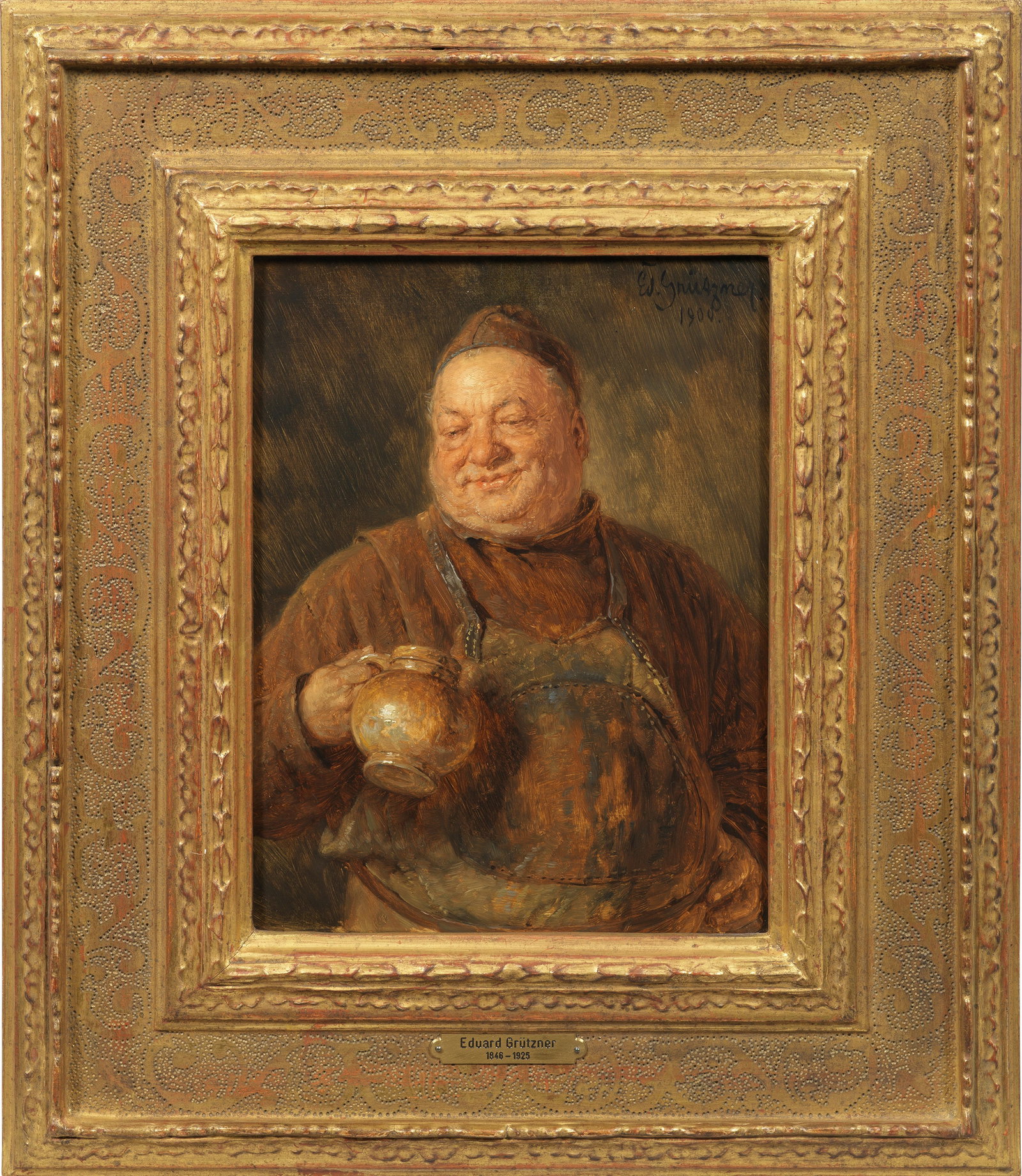 Eduard von Grützner: (1846 Großkarlowitz - 1925 München) Der leere Krug Durch eine effektvolle Lichtführung und ausschnitthafte Komposition vortrefflich inszenierte Darstellung eines Mönches als Kellermeister, der