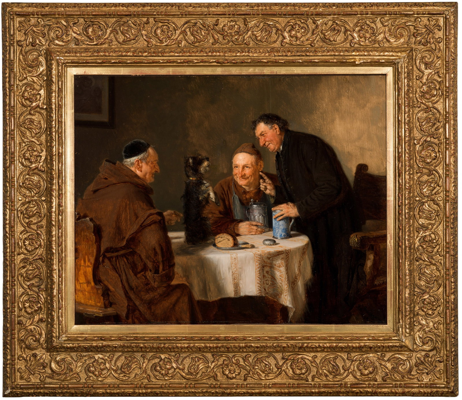 Eduard von Grützner: (1846 Großkarlowitz - 1925 München) Der gelehrige Hund Humorvoll geschilderte, vergnügliche Szene in der Stube einer Klosterbrauerei mit zwei sitzenden Franziskanern und einem stehenden, älteren