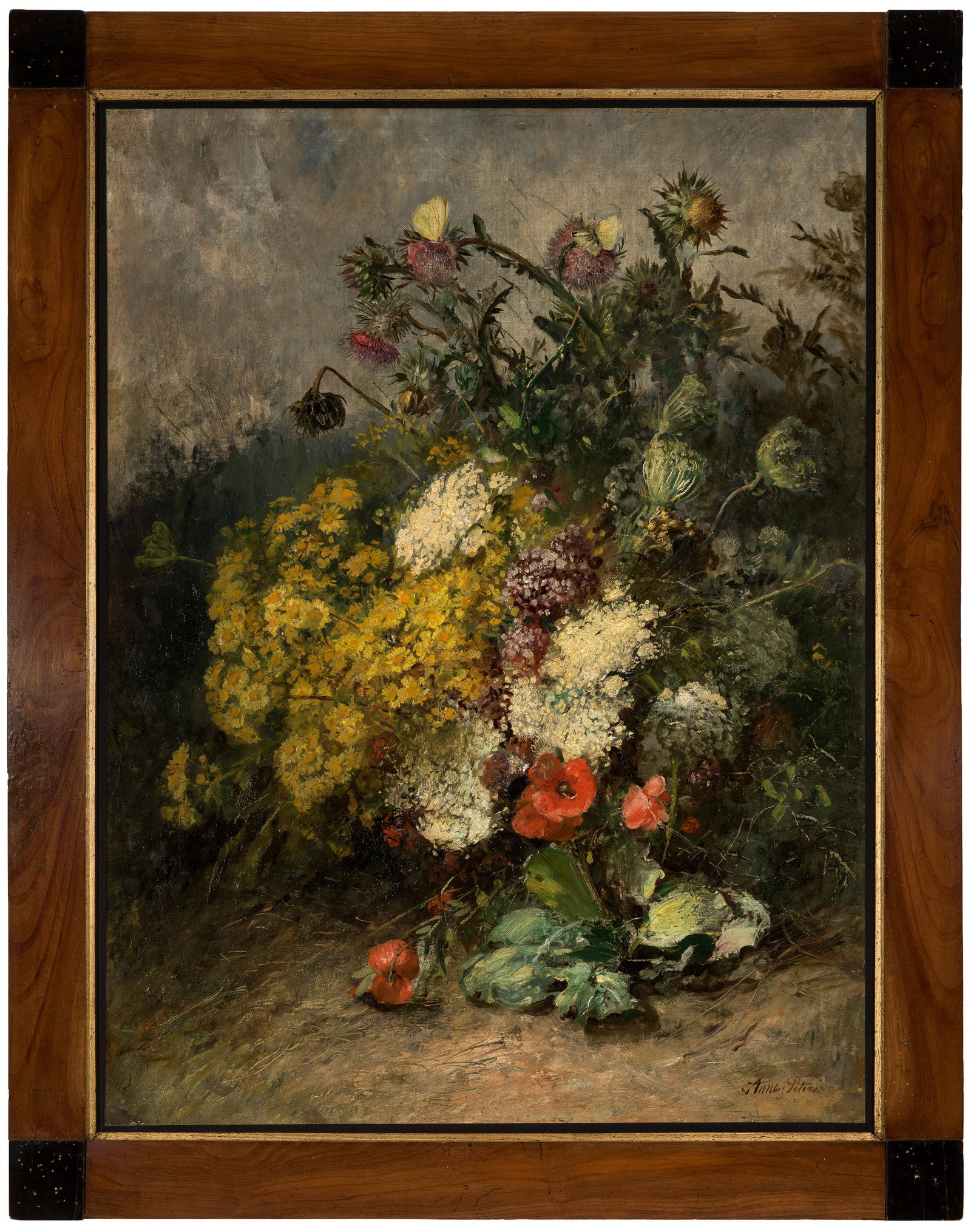 Anna Peters: (1843 Mannheim - 1926 Sonnenberg) Gartenstillleben Durch effektvolle Lichtbehandlung und leuchtende Farben kontrastreich komponierte Schilderung von wild wachsenden Mohnblumen, Disteln, Schafgarbe