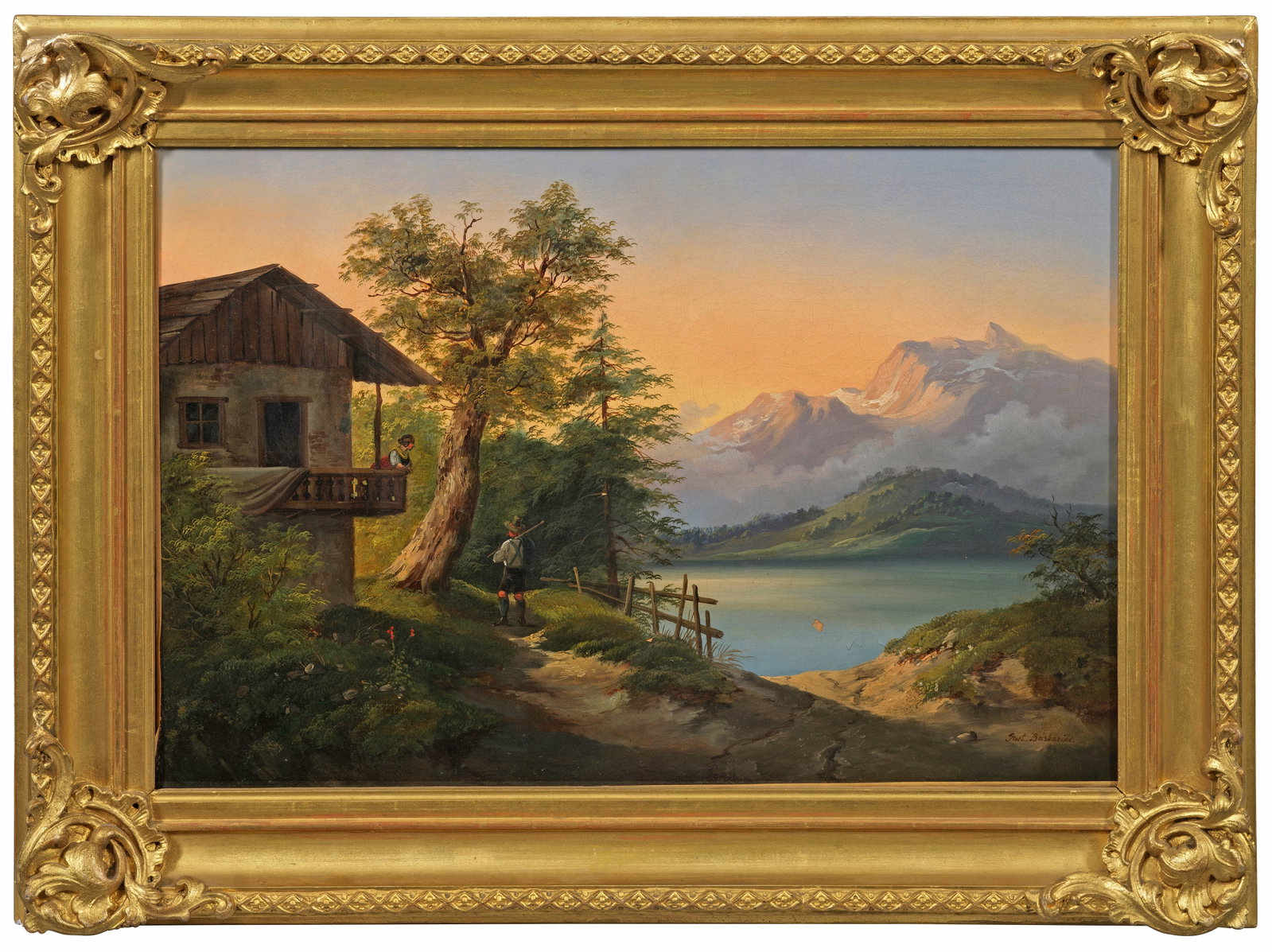 Gustav Barbarini: (1840 Wien - 1909 ebenda) Das abendliche Stelldichein In sanftes, warmes Abendlicht getauchte Landschaft an einem ruhigen Gebirgssee. Eine junge Frau lehnt sich über die Balkonbrüstung eines