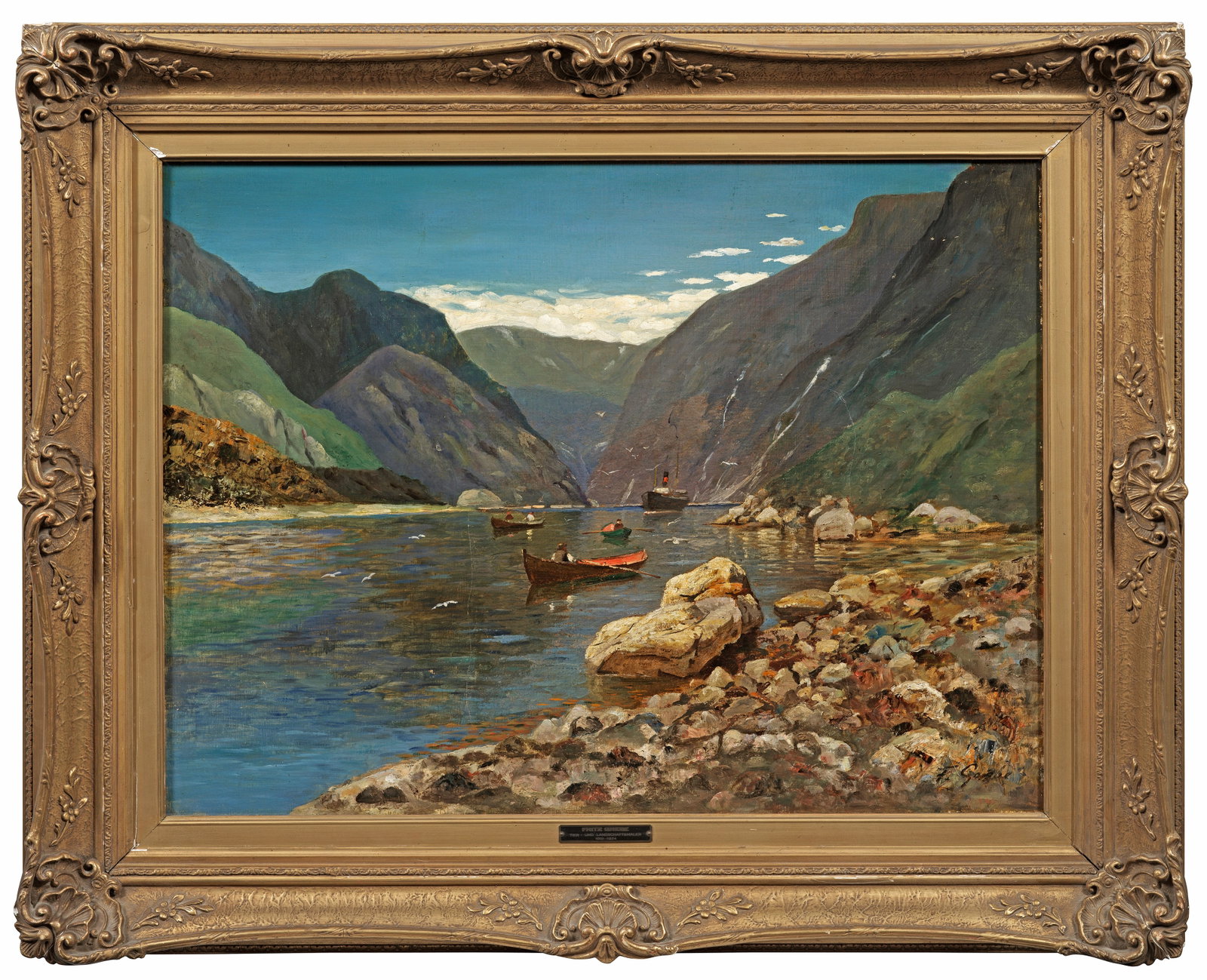 Fritz Grebe: (1850 Heisebeck - 1924 Düsseldorf) Norwegischer Fjord Sommerlich heitere, von einem Dampfschiff und drei Ruderbooten belebte Fjordansicht Grebes, der an der Akademie in Kassel studierte und zum