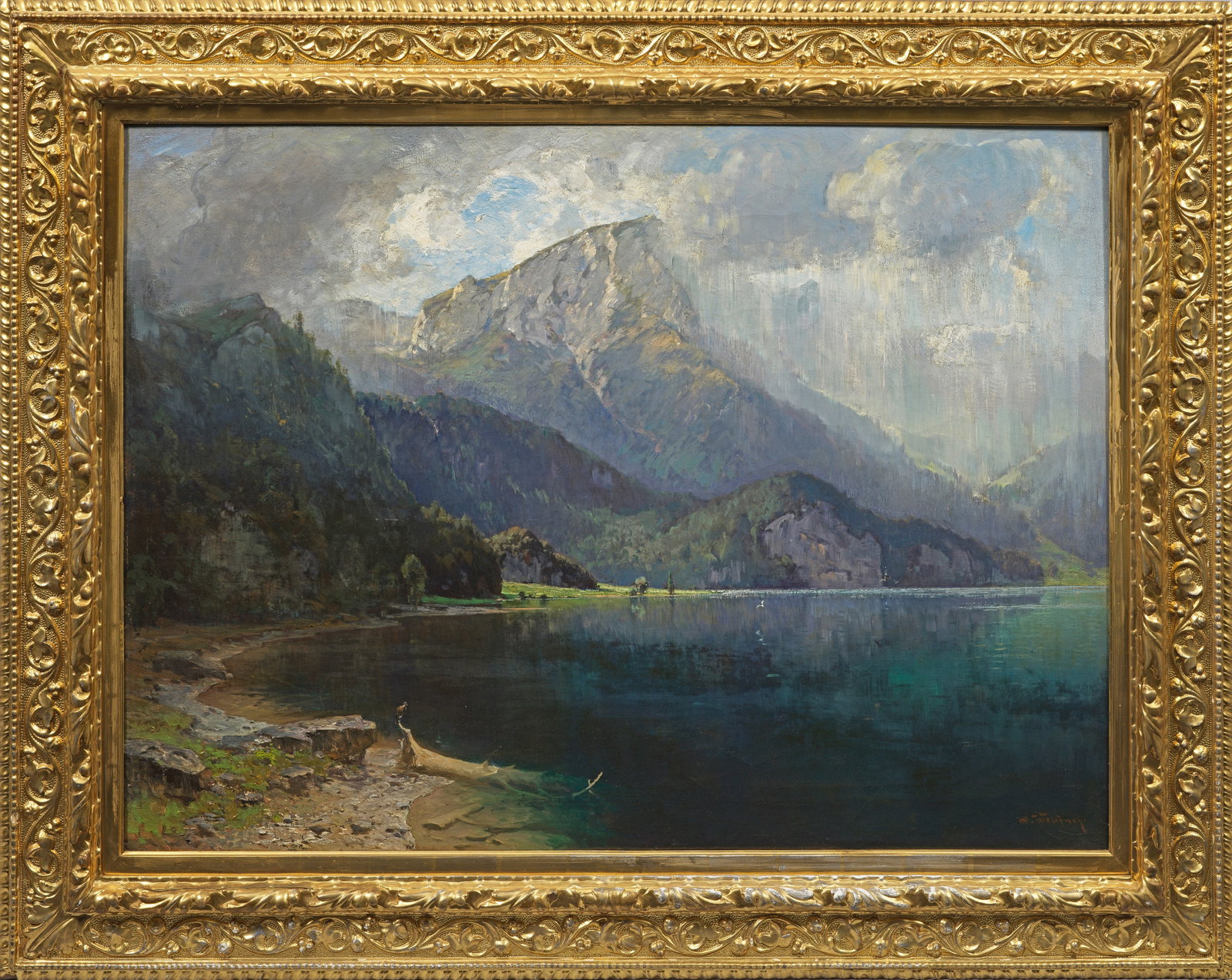 Joseph (Josef) Wopfner: (1843 Schwaz in Tirol - 1927 München) Partie am Kochelsee mit Blick auf den Herzogsstand Die vom Ufer aus gesehene, um 1908 entstandene, für den Maler außergewöhnlich große Landschaft mit subtile