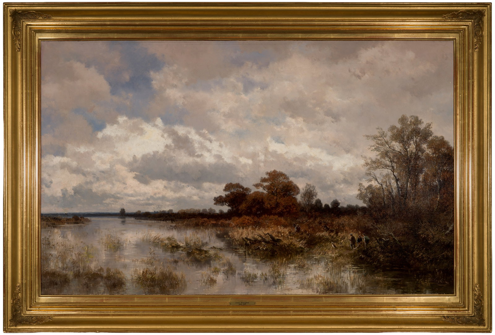 Joseph Wenglein: (1845 München - 1919 Bad Tölz) Dachauer Moorlandschaft Altmeisterlich fein und detailreich geschilderte Moorlandschaft im herbstlichen Kolorit. In der rechten Uferzone Jäger mit Jagdhund. Charakter