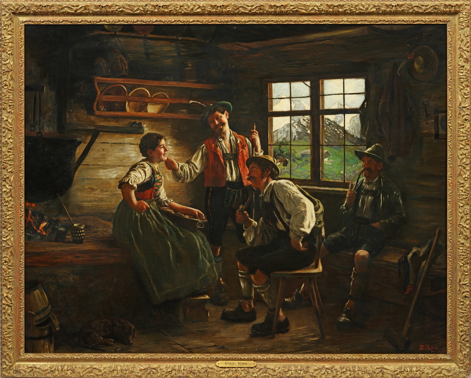Emil Rau: (1858 Dresden - 1937 München) Schäkerei in der Almhütte Szenische Genredarstellung mit einer vor einem offenen Herdfeuer sitzenden Magd oder Sennerin, mit der zwei junge Bauern in oberbayerischer