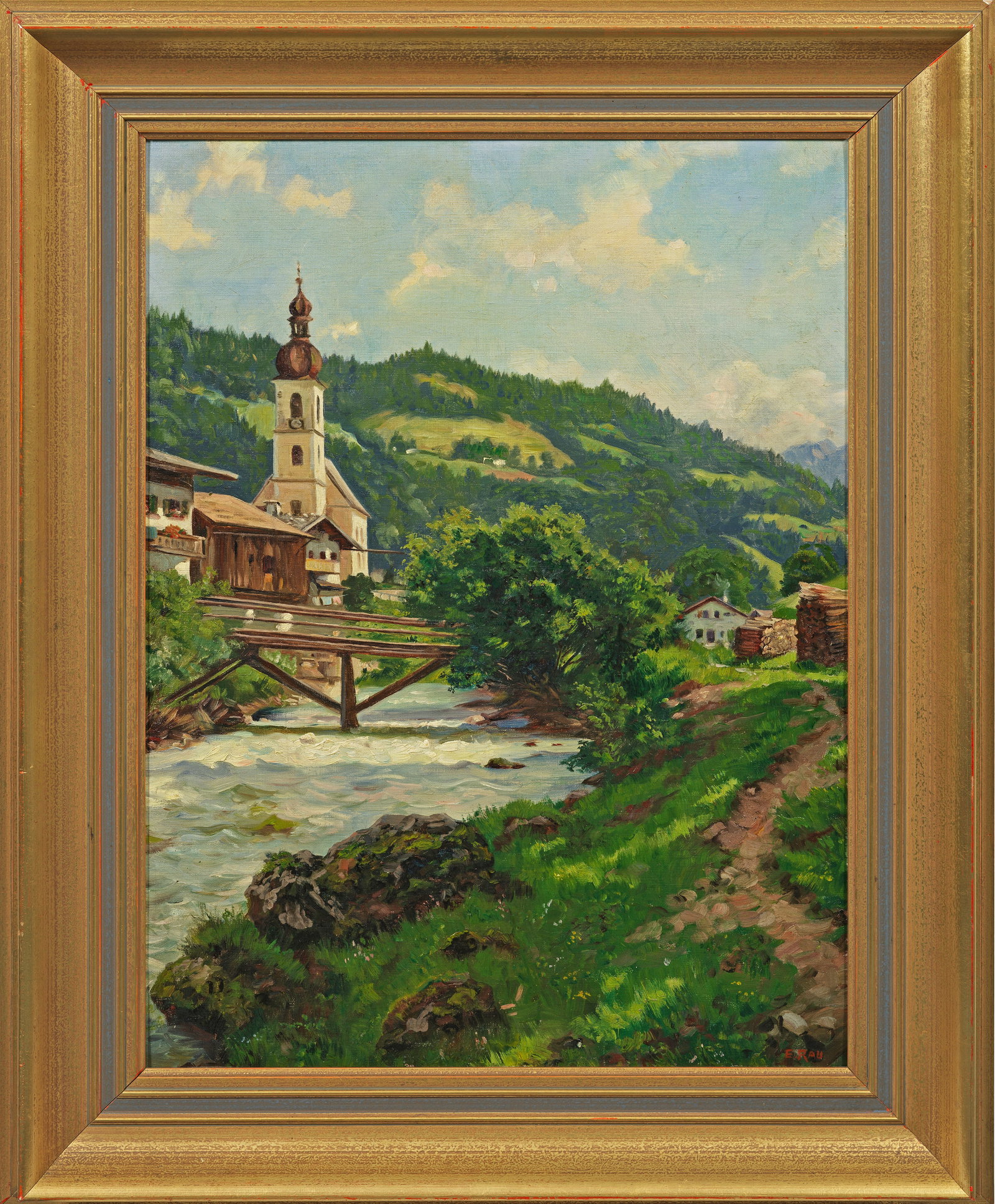 Emil Rau: (1858 Dresden - 1937 München) Ansicht von Ramsau Lichtdurchfluteter, sommerlich gestimmter Blick auf die im Berchtesgardener Land gelegene, malerische Gemeinde Ramsau mit der Pfarrkirche St.