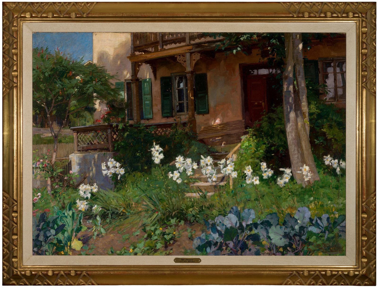 Otto Strützel: (1855 Dessau - 1930 München) "Im Garten". Originaltitel Sommerlich heitere, lichtdurchflutete, äußerst reizvolle Ansicht einer pittoresken Veranda eines Bauernhauses mit angrenzendem, artenreichen