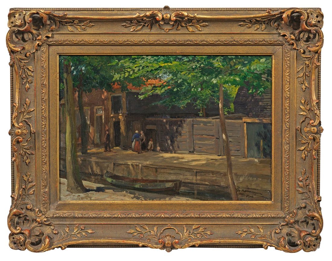 Friedrich Kallmorgen: (1856 Altona - 1924 Grötzingen/Karlsruhe) "An der Blanke in Havelberg". Originaltitel In impressionistischem Duktus gemalte, von einer äußerst effektvollen Licht- und Schattenbehandlung bestimmte A