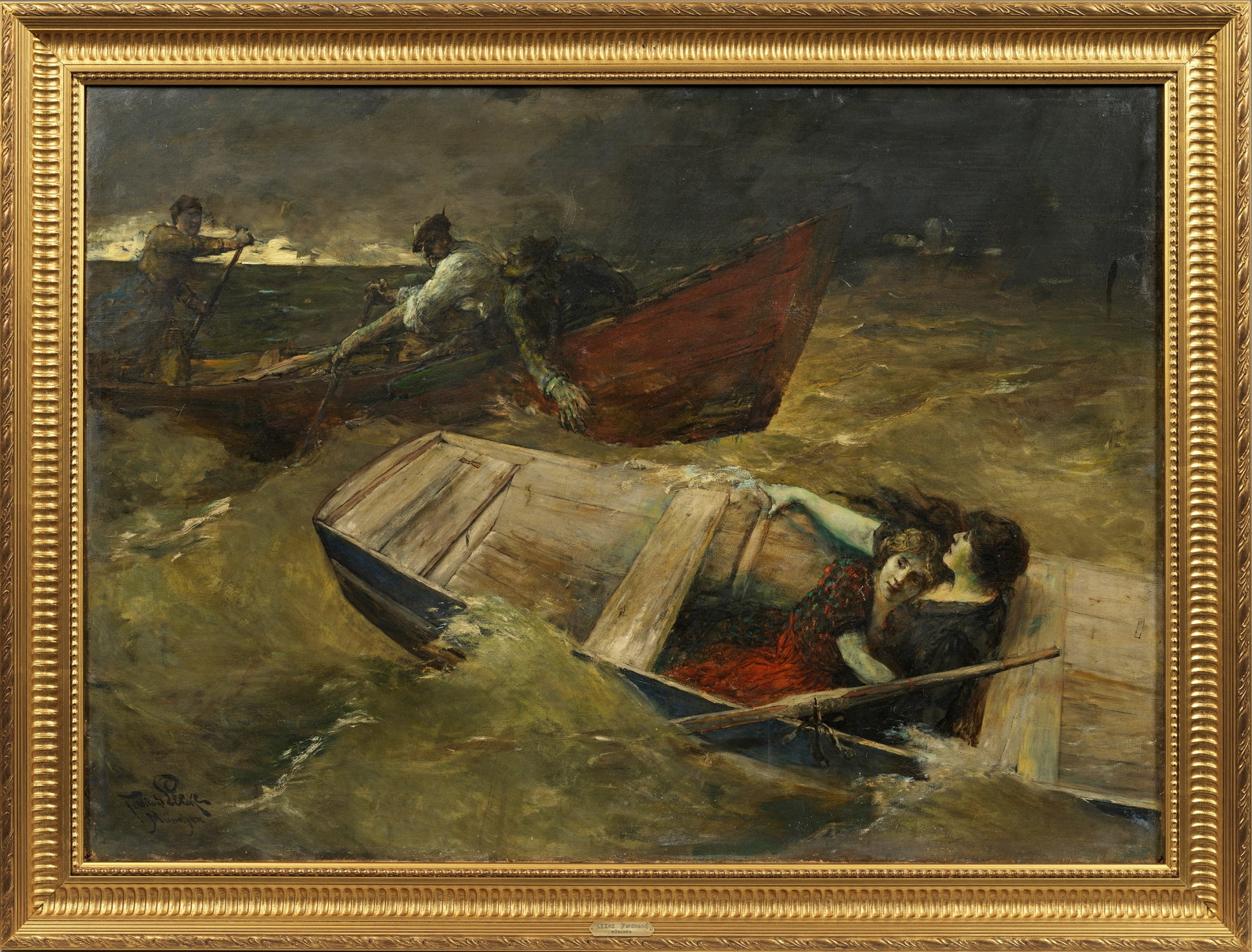Ferdinand Leeke: (1859 Burg b. Magdeburg - 1923 München) Rettung auf stürmischer See In effektvoller Hell-Dunkel-Malerei und mit äußerster Dynamik inszenierte Szene, die eine Rettung auf stürmischer See schildert
