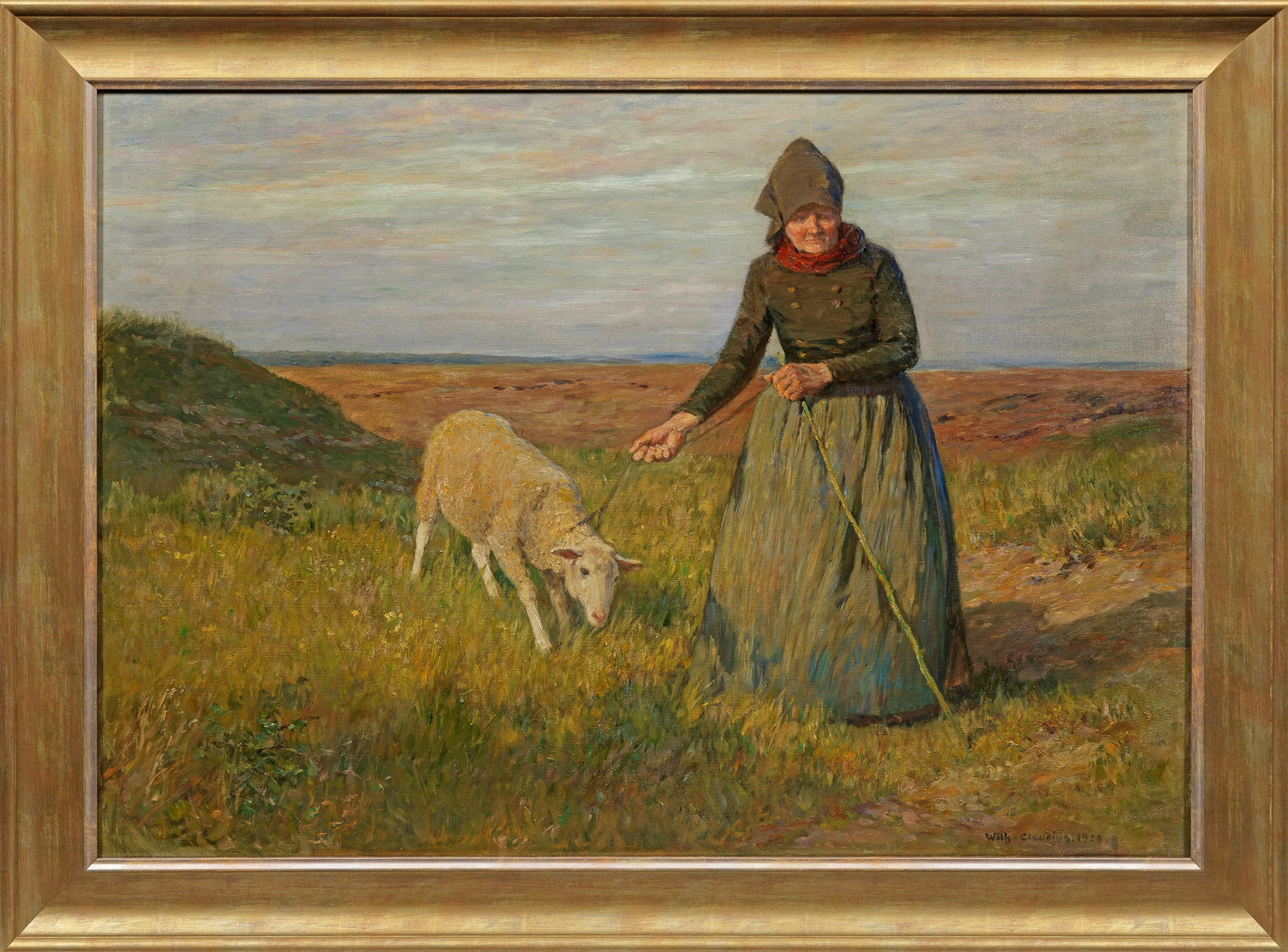 Wilhelm Claudius: (1854 Altona - 1942 Dresden) Hirtin mit Schaf in norddeutscher Landschaft In weiter, flacher Heidelandschaft versucht eine Bäuerin - mit von Wind und Wetter rötlich gefärbten Wangen unter dem tief 