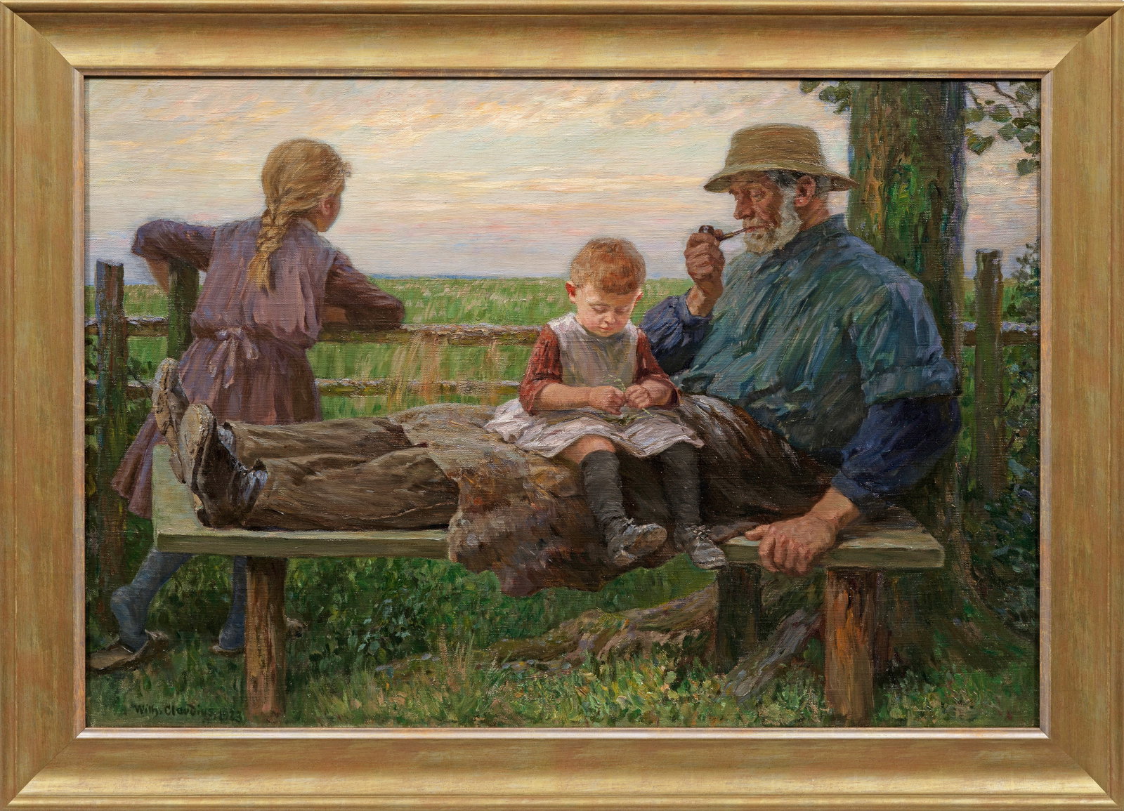 Wilhelm Claudius: (1854 Altona - 1942 Dresden) Die Ruhe am Abend Mit impressionistischem, breitem Pinselstrich und kräftigen Farben gemalte, einfühlsam beobachtete Genreszene, in der ein grauhaariger Mann mit Strohhu