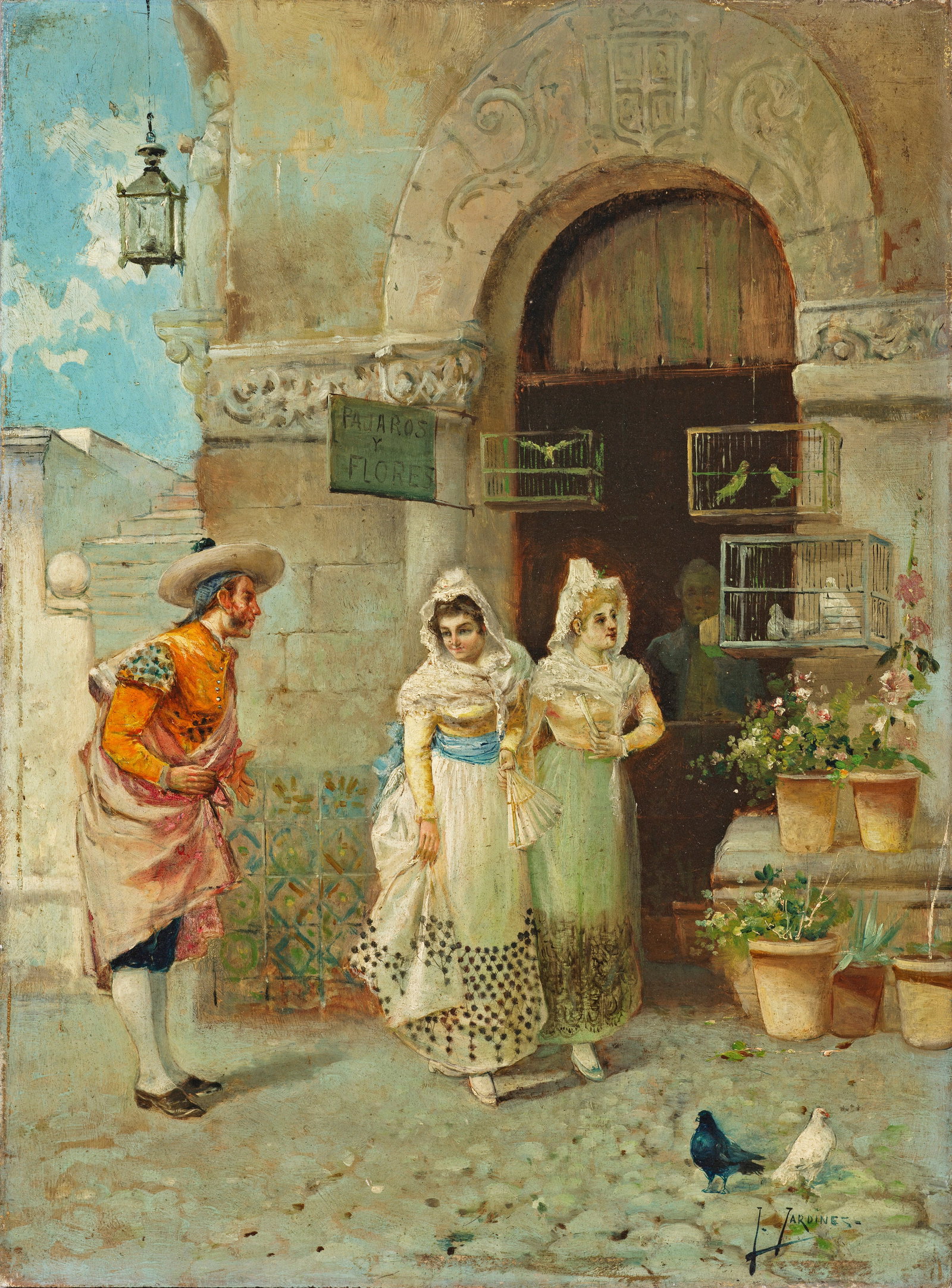 José María Jardines: (1862 Cádiz - 1932? ebenda) Galante Straßenszene Feinmalerisch ausgeführtes Genrebild. Jardines studierte an der Kunstschule seiner Heimatstadt und an der Königlichen Kunstakademie in Madrid. Sein
