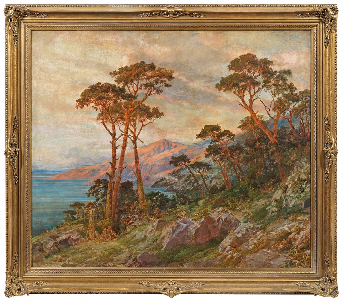 Ernest Preyer: (1842 Manchester - 1917 Düsseldorf) Mediterrane Küste Atmosphärisch eindringliche Darstellung eines in voller Abendsonne leuchtenden, mit Kiefern bestandenen Felsabhangs über einer mit Hängen ges