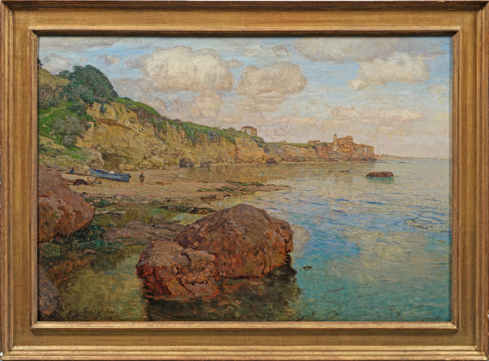 Gustav Schönleber: (1851 Bietigheim/Württemberg - 1917 Karlsruhe) "Nettuno". Orginaltitel Abendlich gestimmte Darstellung des seinerzeit kleinen Fischerdorfes am Tyrrhenischen Meer, das sich bis heute zum Badeort entwi
