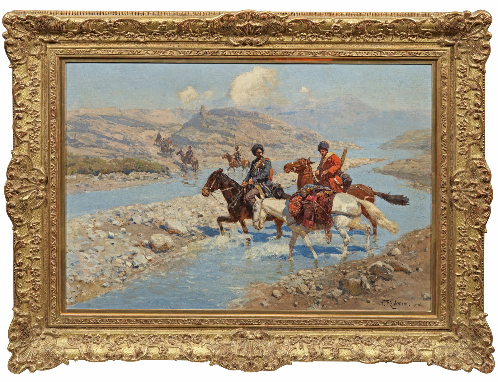 Franz Roubaud: (1856 Odessa - 1928 München) Tscherkessen beim Überqueren einer Furt durch einen Fluss In Motiv und Stil charakteristische Darstellung, die eine lichtdurchflutete Landschaft mit höchst lebendig ges