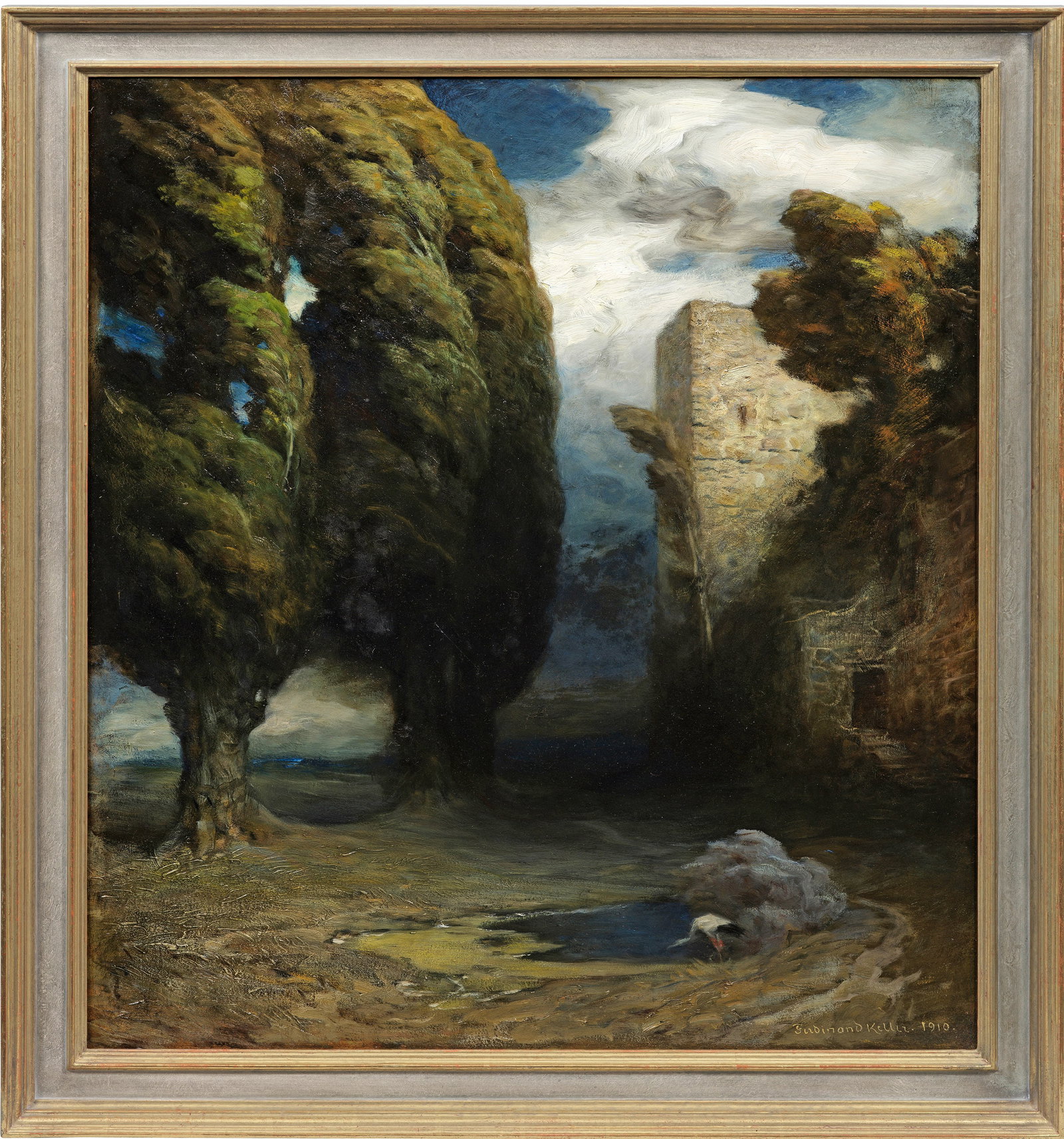 Ferdinand Keller: (1842 Karlsruhe - 1922 Baden-Baden) Sturmlandschaft mit Zypressen Symbolistisches Spätwerk des Karlsruher Historien- und Porträtmalers Ferdinand Keller, der sich um 1900-1910 in einer Werkgruppe von