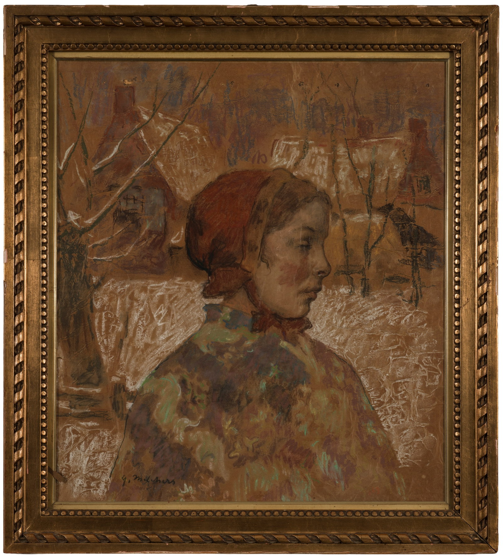 Julius Gari Melchers: (1860 Detroit - 1932 Falmouth bei Fredericksburg/Virginia) Junges Mädchen mit roter Haube in winterlicher Landschaft Vor einer verschneiten Landschaft und dörflicher Kulisse wird eine junge Frau mit