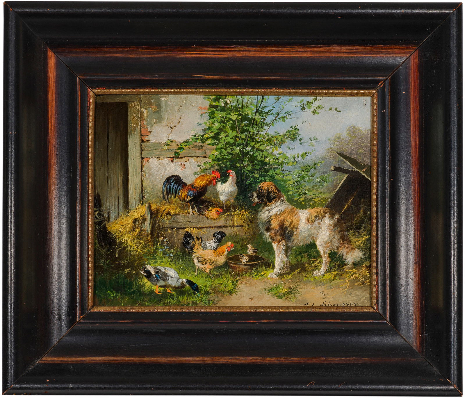 Julius Scheuerer: (1859 München - 1913 Planegg) Wachender Hund Feinfühlig, mit Liebe für jedes Detail komponierte Darstellung einer bunten Schar von Hühnern und Enten mit Kücken, über die ein großer Hund wacht, 