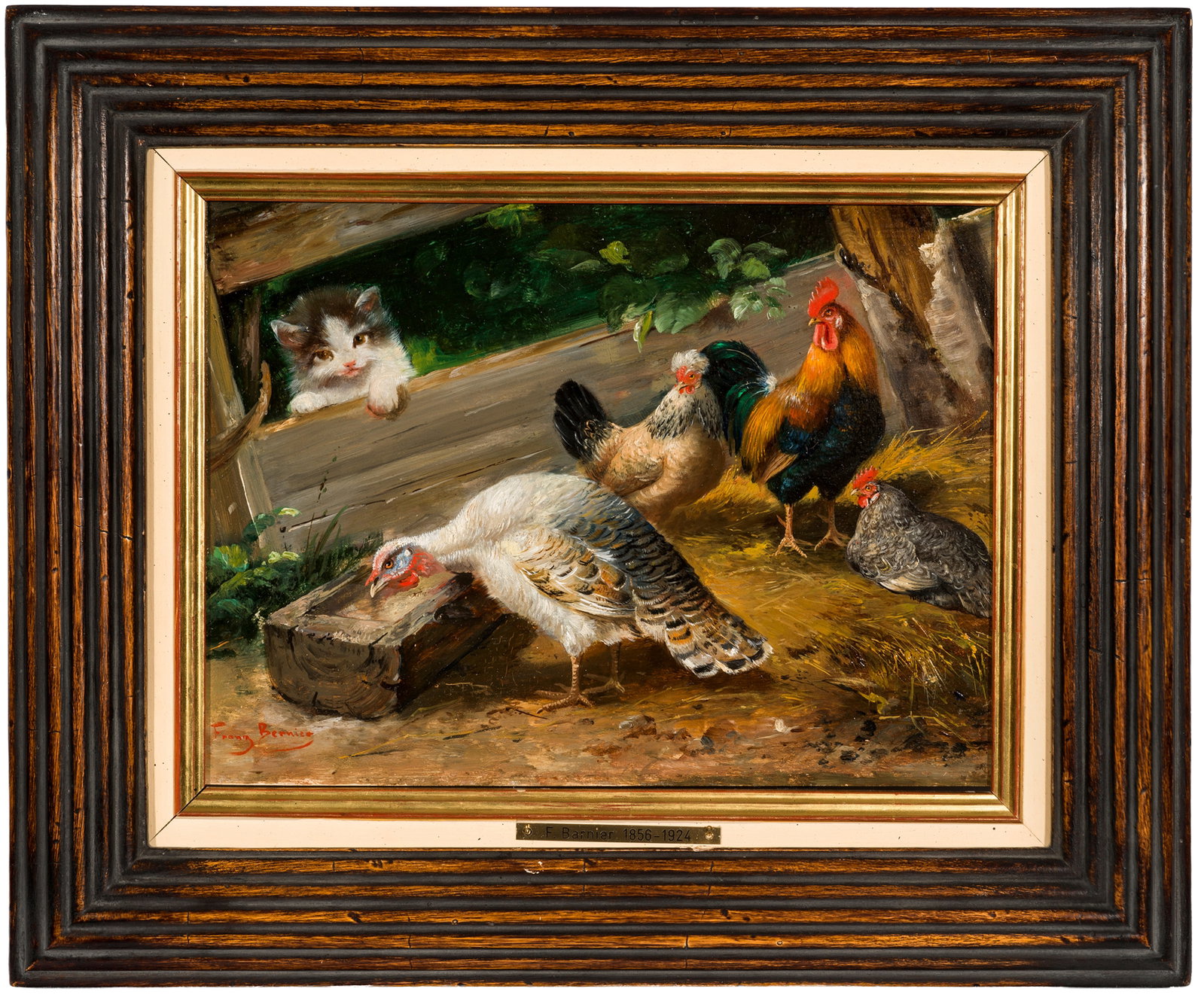 Franz Bernier: (Tätig um 1900) Neugieriges Kätzchen am Gatter mit Truthenne und Hühnerschar Lebendig geschilderte Tierdarstellung, die durch die spannungsreiche Situation und die diagonale Komposition bestimmt