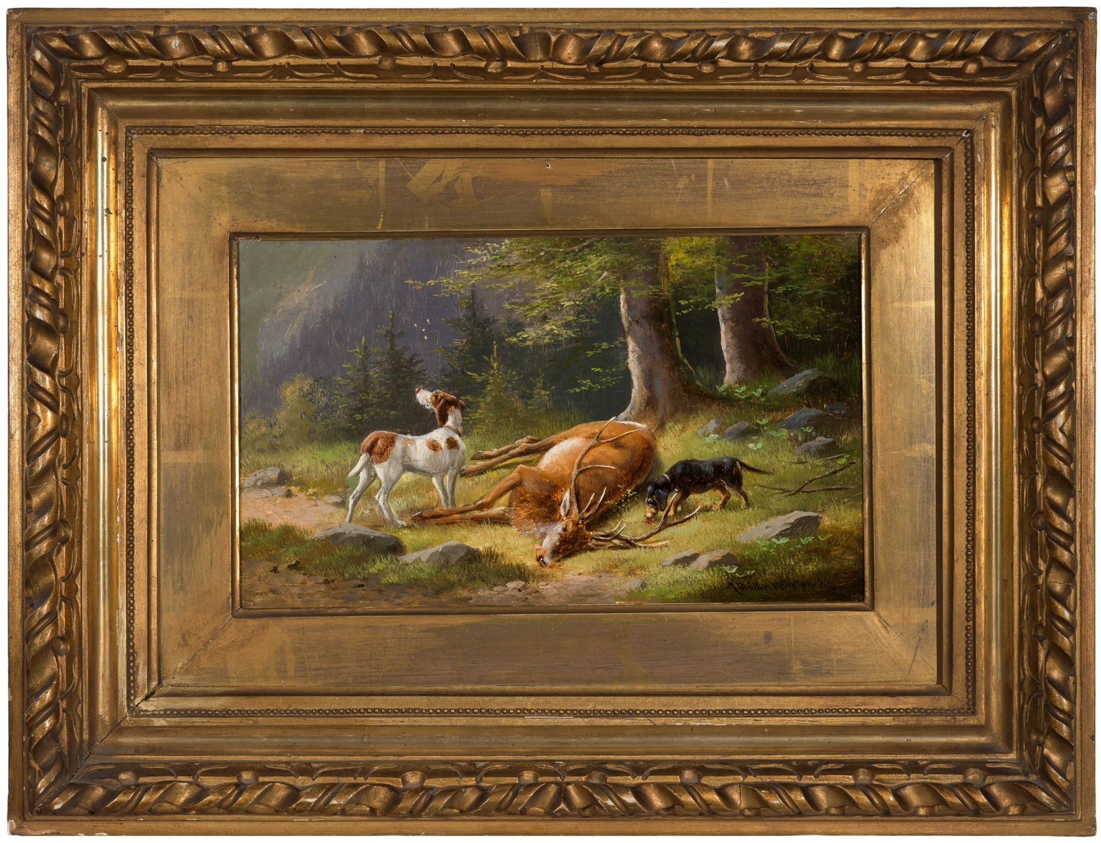 Moritz Müller der Ältere: (1841 München - 1899 ebenda) Zwölfender Naturnahe, für Moritz Müller charakteristische, feinmalerische, jagdliche Tierdarstellung. Nuanciertes, lebendig geschildertes Werk Müllers, der bei seinem