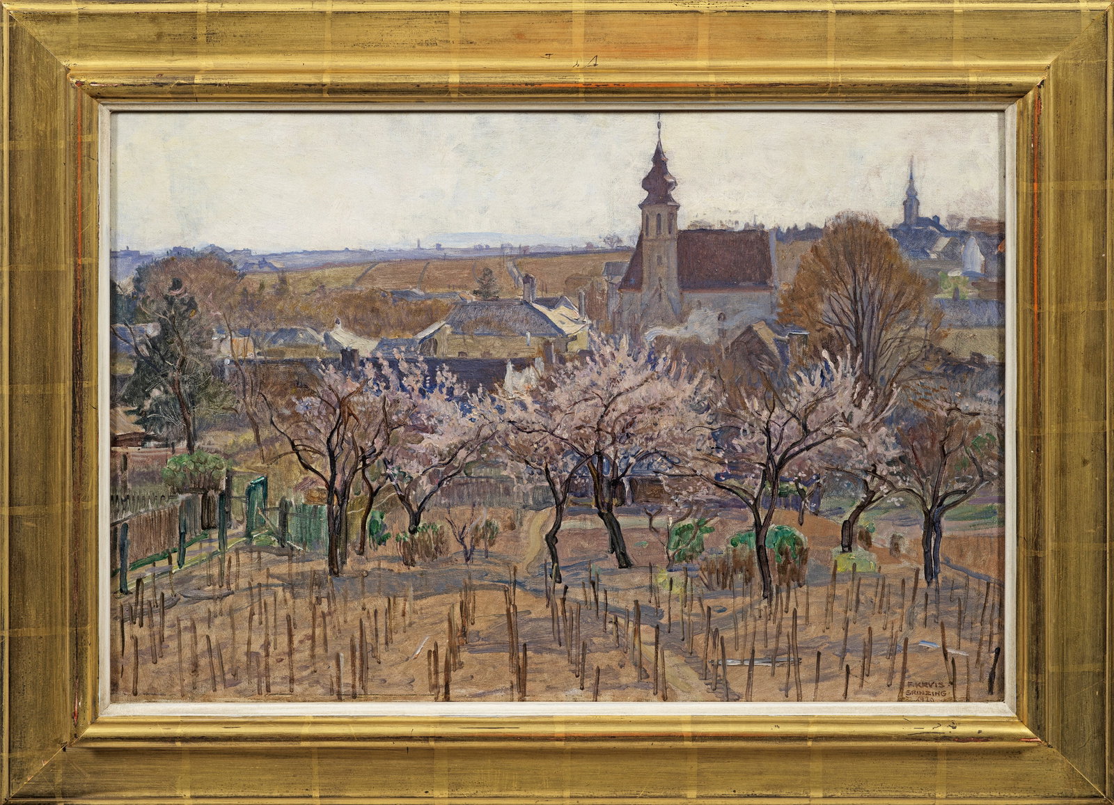 Ferdinand Kruis: (1869 Pisek/Böhmen - 1944 Innsbruck) Grinzinger Kirschblüte Blick aus erhöhter Perspektive über einen Obstgarten mit blühenden Kirschbäumen hinweg auf die Dächer Grinzings (Wien), gemalt im loc