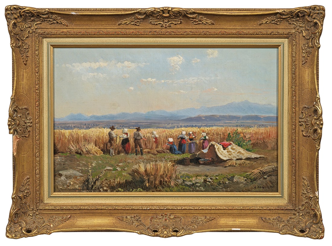 Alois Hänisch: (1866 Wien - 1937 ebenda) Bei der Kornernte Spätsommerlich gestimmte Ernteszene im oberbayerischen Land. Am Horizont zeichnet sich unter duftig bewölktem, hellblauem Himmel ein in gedämpfter