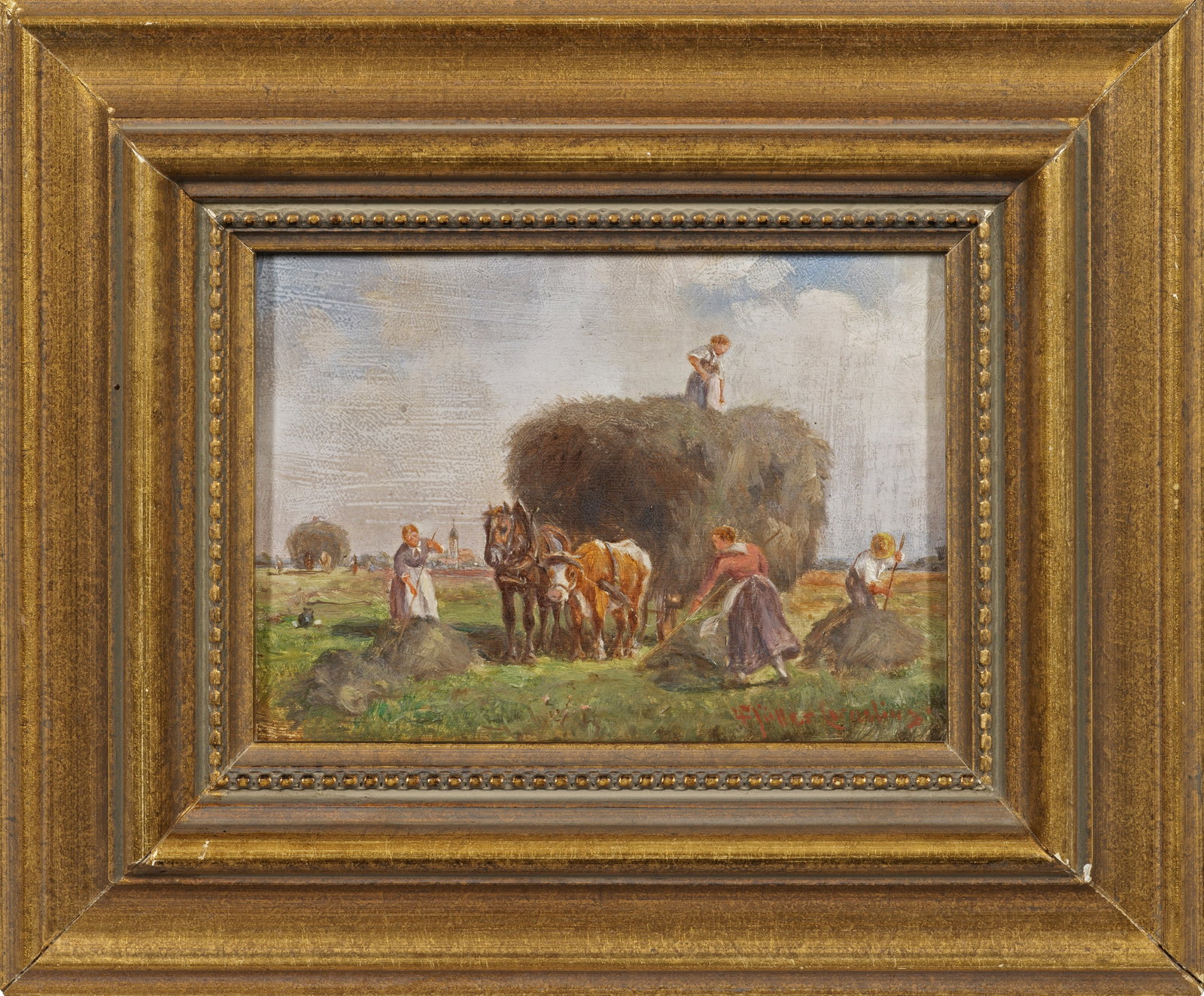 Ludwig Müller-Cornelius: (1864 München - 1946 ebenda) Bauern bei der Heuernte Sehr stimmungsvoll gemalte, miniaturhafte Szene des Landlebens. Neben Sujets aus dem Dachauer Land malte Ludwig Müller-Cornelius bevorzugt