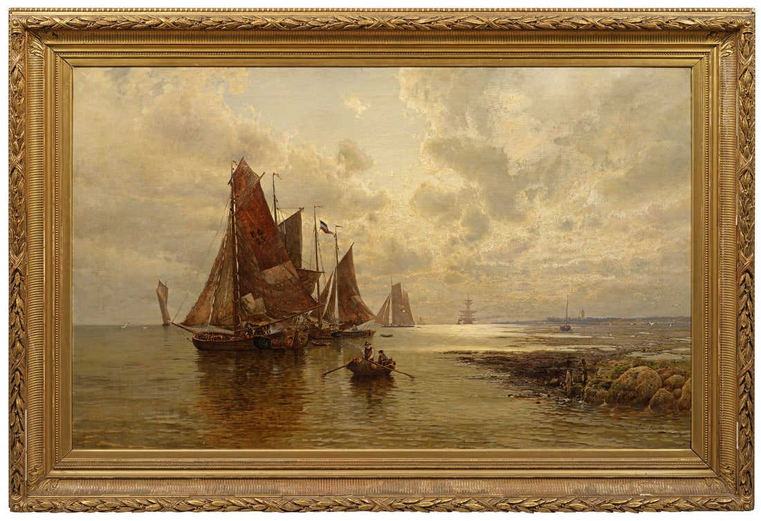 Paul Koken: (1853 Hannover - 1910 ebenda) Elbfischer vor Neuwerk Unter duftig bewölktem Himmel ankern zahlreiche Fischerboote an der Nordseeküste, um ihren Tagesfang zu entladen. Das sich nur leicht kräuselnde