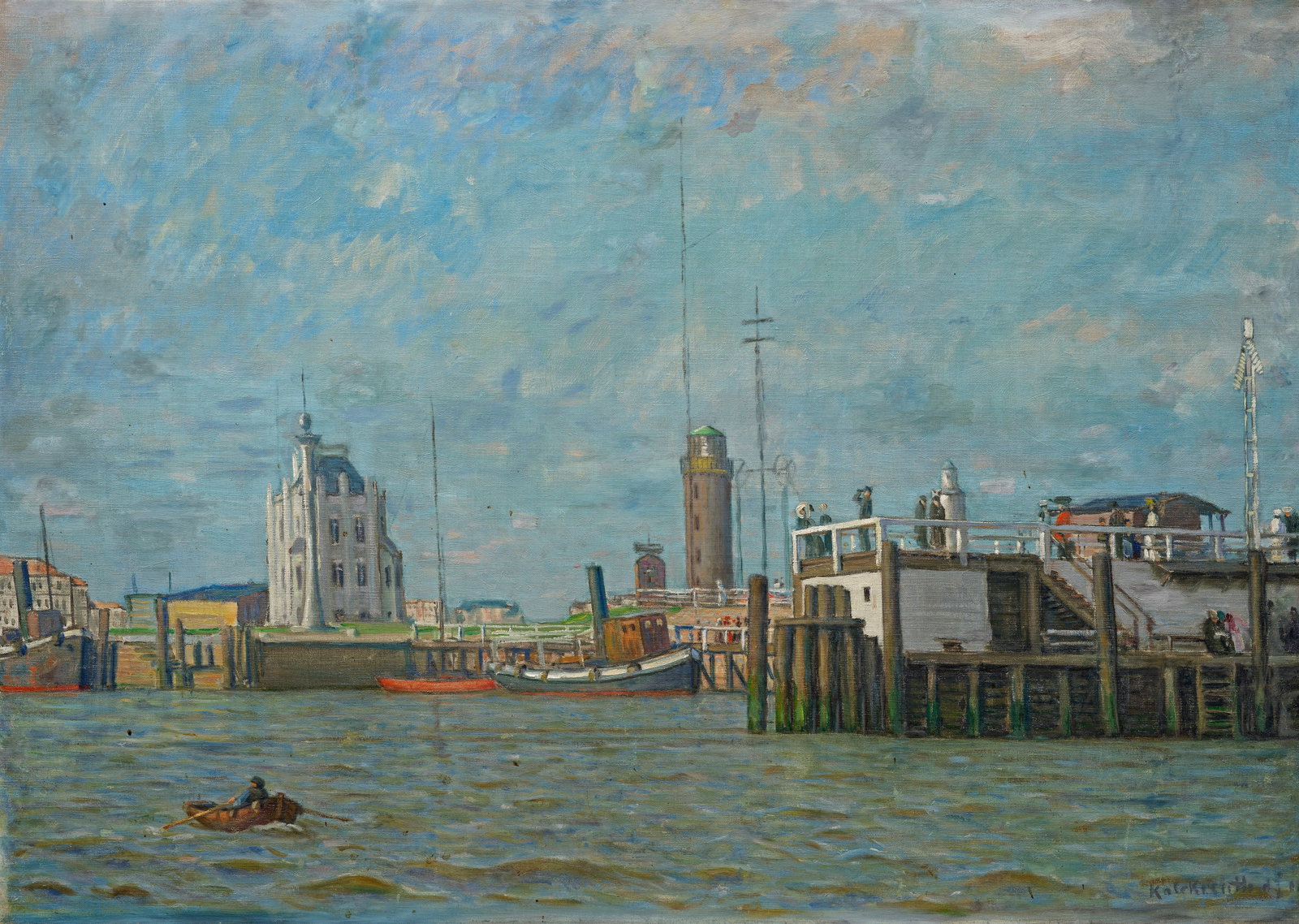 Leopold Graf von Kalckreuth: (1855 Düsseldorf - 1928 auf Gut Eddelsen bei Hittfeld) An der Elbmündung in Cuxhaven Stimmungsvoll eingefangener Blick vom Wasser auf den Hafen von Cuxhaven. Am Kai liegen Frachter, Schlepper und