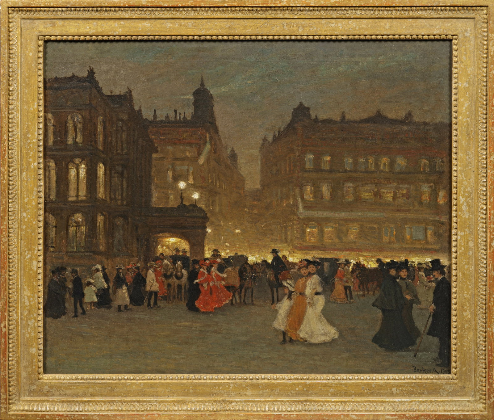 Antal Berkes: (1874 Budapest - 1938 ebenda) Abend vor der Staatsoper in Budapest Das 1905 entstandene Gemälde gibt eine sommerliche, belebte, festliche Straßenszene nach einer Aufführung in der Oper wieder, der 
