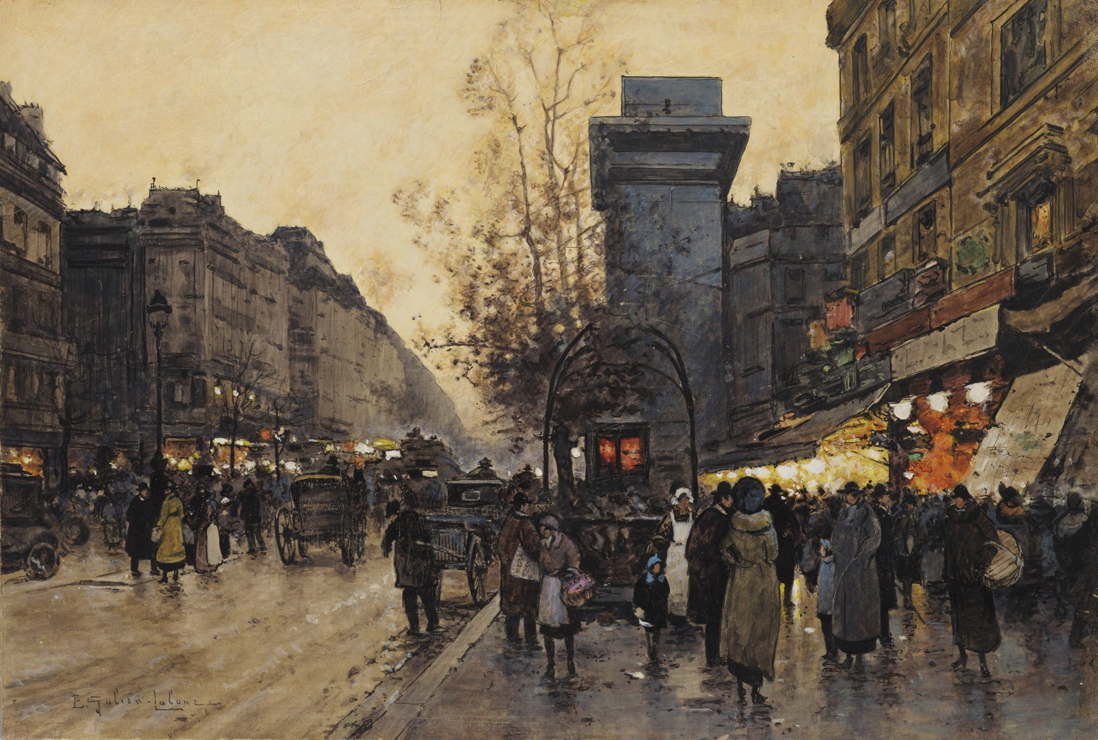 Eugène Galien-Laloue: (1854 Paris - 1941 Chérence) Abendliche Ansicht des Boulevard St. Denis Im Glanz der hell erleuchteten Cafés, Bars und Boutiquen und den letzten Strahlen des weichenden Tageslichts herrscht reges, q