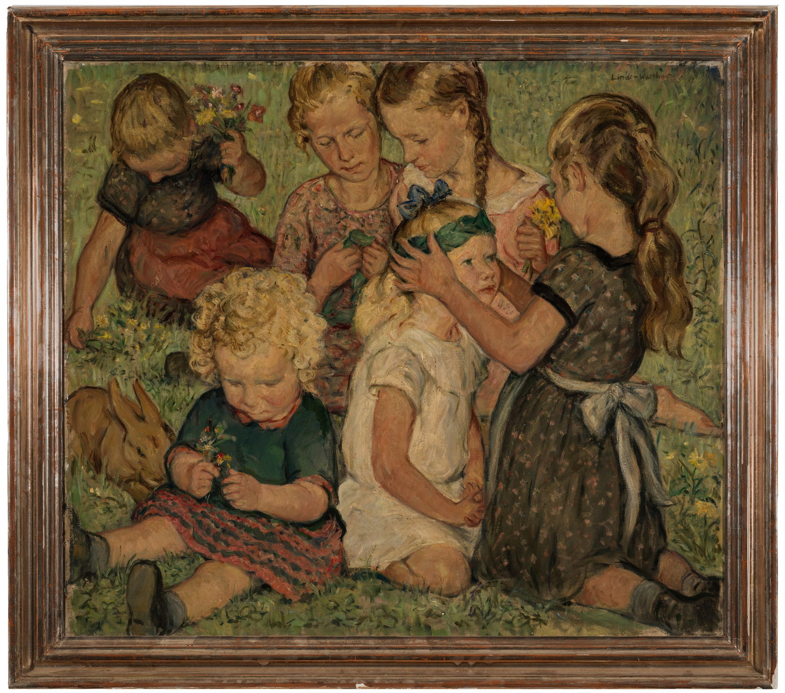 Heinrich Eduard Linde-Walther: (1868 Lübeck - 1939 Travemünde) "Frühlingsmorgen" (auch betitelt "Sommertag"). Originaltitel Auf einer sonnendurchfluteten Wiese haben sich sechs Mädchen - aufgrund der harmonischen Vertrautheit