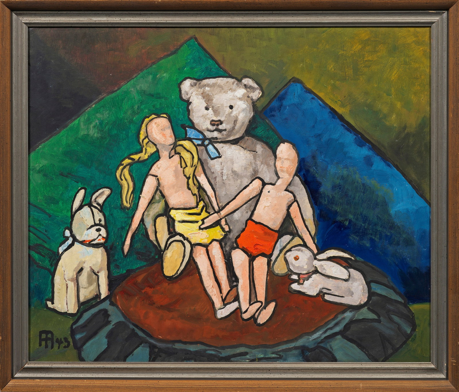 Alfred Helberger: (1871 Eberstadt/Darmstadt - 1946 Berlin) "Teddybär". Originaltitel In leuchtenden Farben und mit kräftig-schwarzer Konturlinie gemaltes, in reduzierter Formensprache angelegtes Stillleben, das einen