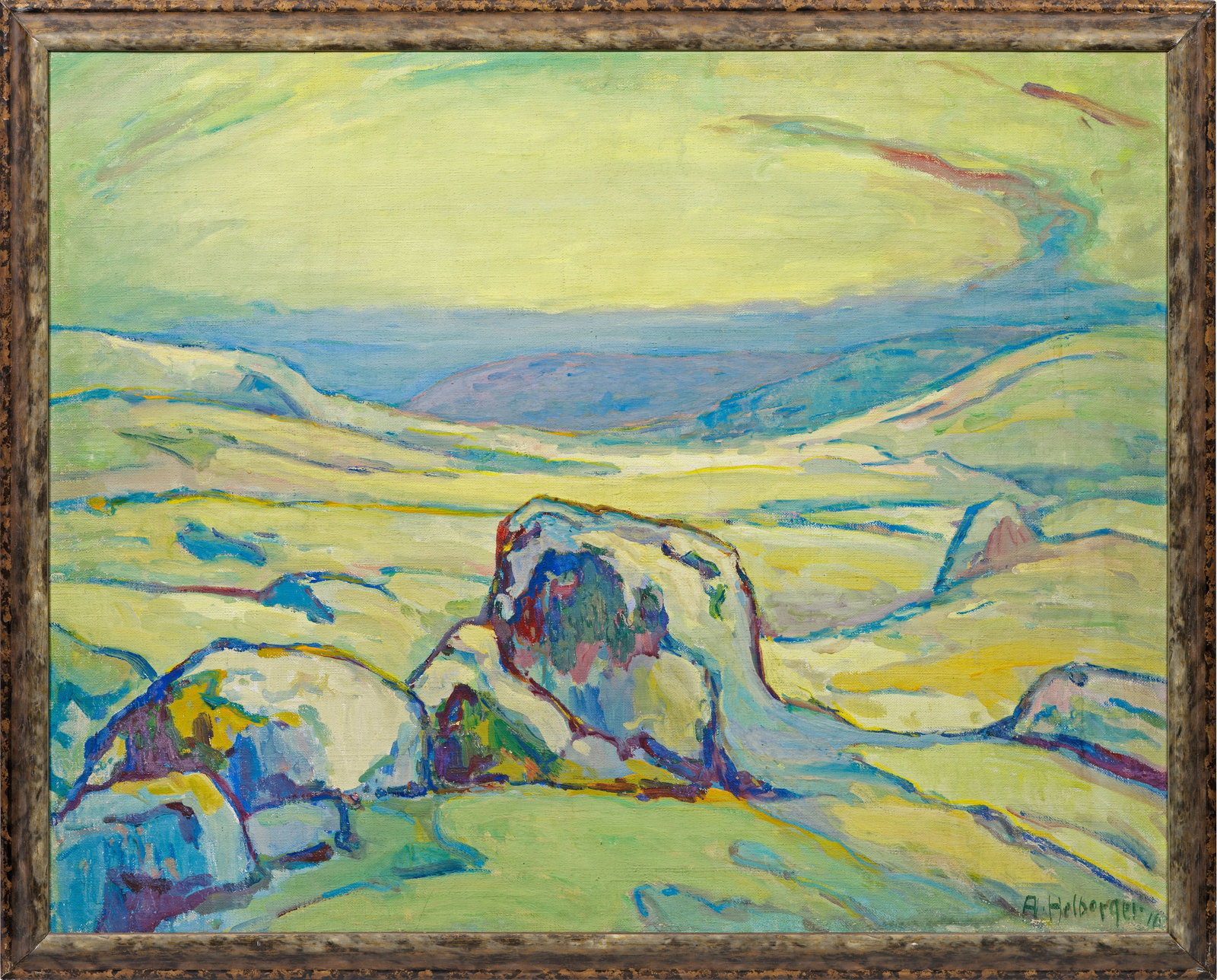 Alfred Helberger: (1871 Eberstadt/Darmstadt - 1946 Berlin) Nordische Landschaft In hell leuchtendem Kolorit und geschwungenen, runden Linien gemalte, von den Fauvisten beeinflusste Landschaftsimpression Helbergers, der
