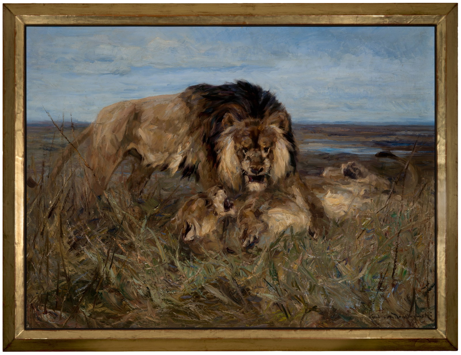 Karl von Dombrowski: (1872 Schloss Ullitz/Ulice in Böhmen - 1951 München) Löwe und Löwin in der Savanne In einer weitläufigen afrikanischen Ebene balgen sich ein Löwe und seine rücklings im Gras liegende Gefährtin