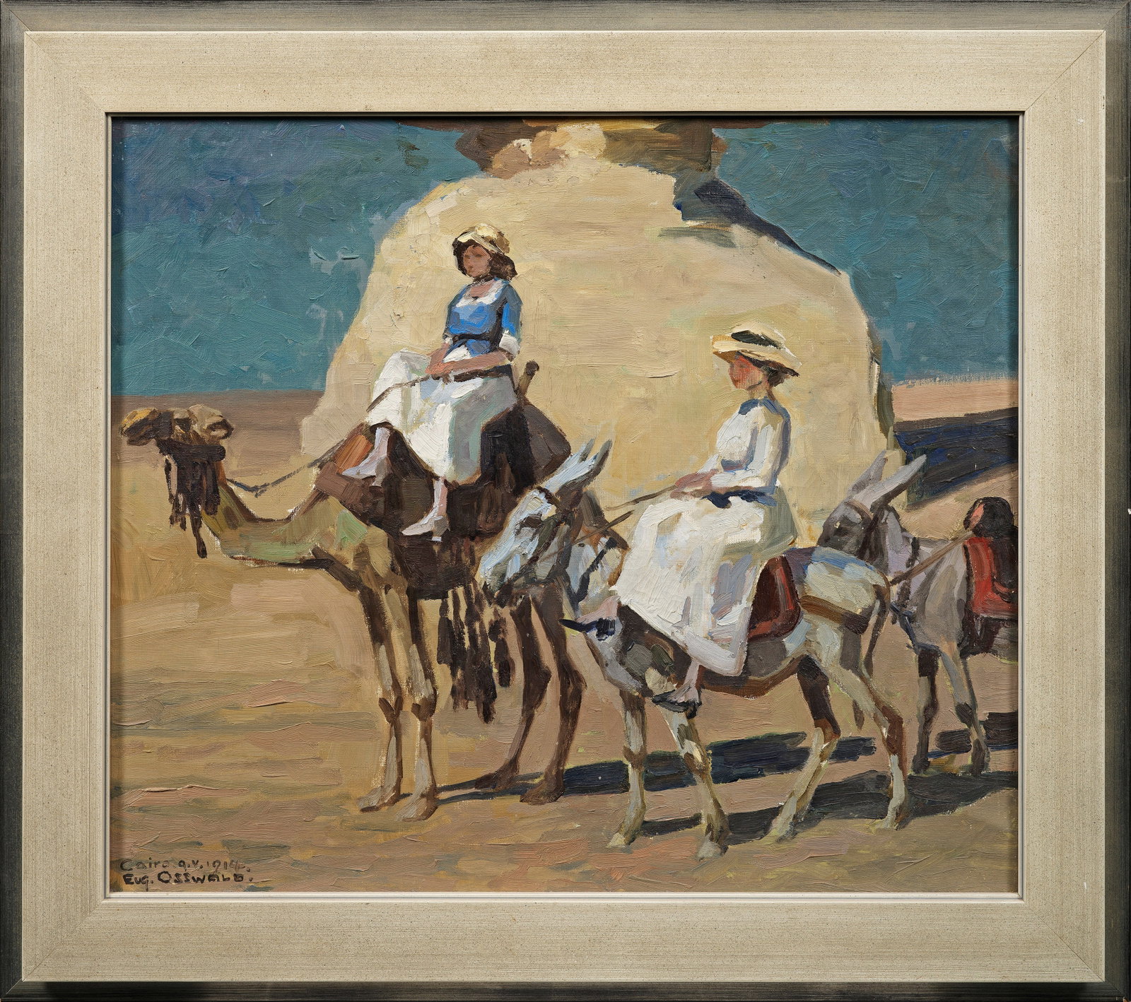 Eugen Osswald: (1879 Stuttgart - 1960 München) Ausritt in der Wüste Ägyptens Mit breitem, kraftvoll-dynamischen Pinselstrich angelegte Schilderung zweier Damen, die auf einem Kamel bzw. einem Esel in der Wüste a