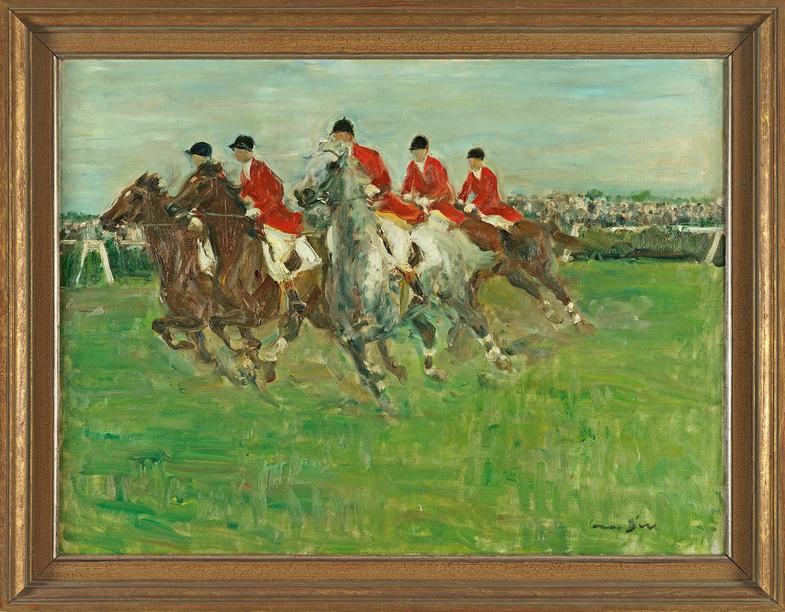 Otto Dill: (1884 Neustadt a. d. Hardt - 1957 Bad Dürkheim) Turnier mit Jagdreitern bei einem Rennen In virtuos schnellem Duktus gemalte, teilw. pastos ausgeführte, furios hingeworfene Freilichtimpression. Werk