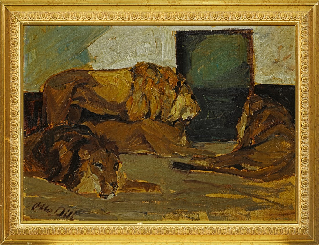 Otto Dill: (1884 Neustadt a. d. Hardt - 1957 Bad Dürkheim) Löwenrudel bei der Mittagsruhe Mit äußerst kraftvollen, breitflächigen, teils stark pastosen Pinselstrichen angelegte Szene in einem Raubtiergehege