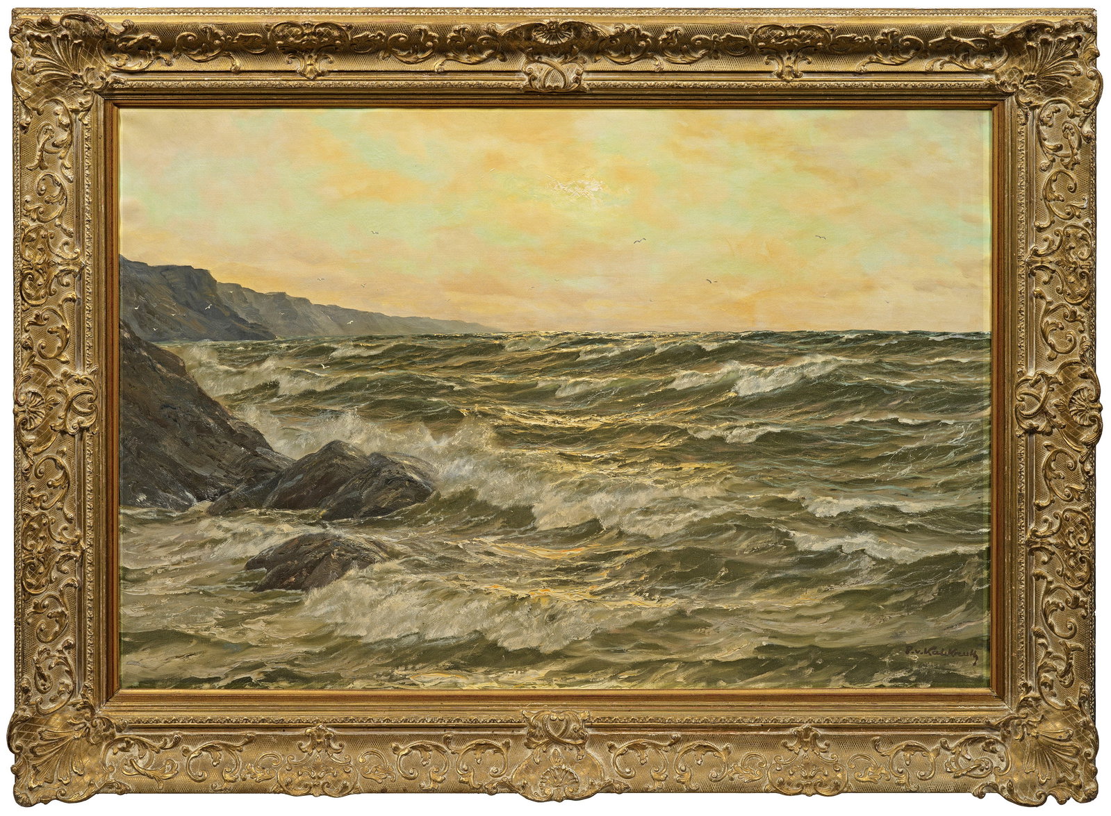 Patrick von Kalckreuth: (1892 Kiel - 1970 Starnberg) Brandungswellen an der Felsenküste Charakteristisches, höchst stimmungsvolles Werk des bekannten Marinemalers, der zeitweilig in Düsseldorf und Berlin tätig war. Bekan