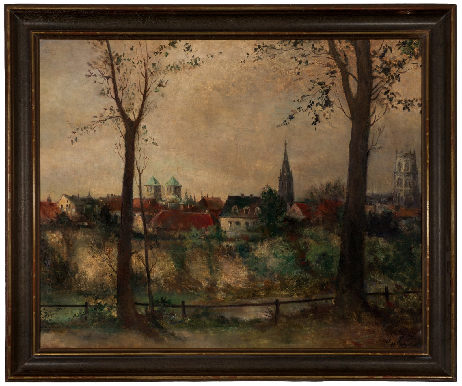 Oskar Larsen: (1882 Wien - 1972 ebenda) Ansicht der Stadt Münster Mit flottem Malduktus gemaltes, großformatiges Stadtpanorama von Münster mit seinen markanten Kirchtürmen und Stadthäusern. Der Sohn eines dän