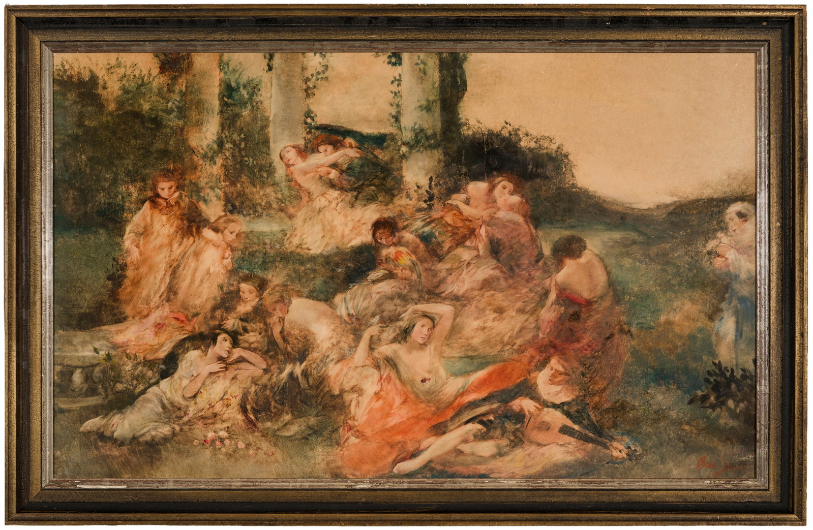 Oskar Larsen: (1882 Wien - 1972 ebenda) Arkadisches Idyll Vielfigurige, amouröse Szene, die eine illustre Gesellschaft in idealisierter Landschaft schildert und eine Atmosphäre von unbeschwerter Lebensfreude, Mu�