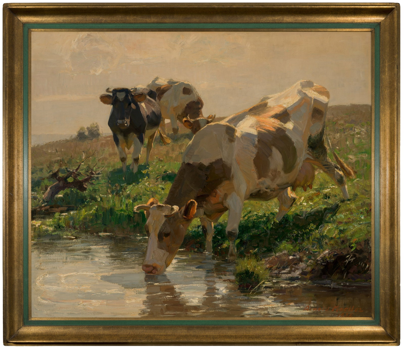 Arnold Moeller: (1886 Bückeburg - 1963 Bruckmühl a. d. Manfall) Kühe am Fluss Auf einer Sommerwiese mit Flusslauf in flirrender Mittagssonne grasende Kühe mit braun geflecktem Fell. Mit schwungvoll geführtem Pin
