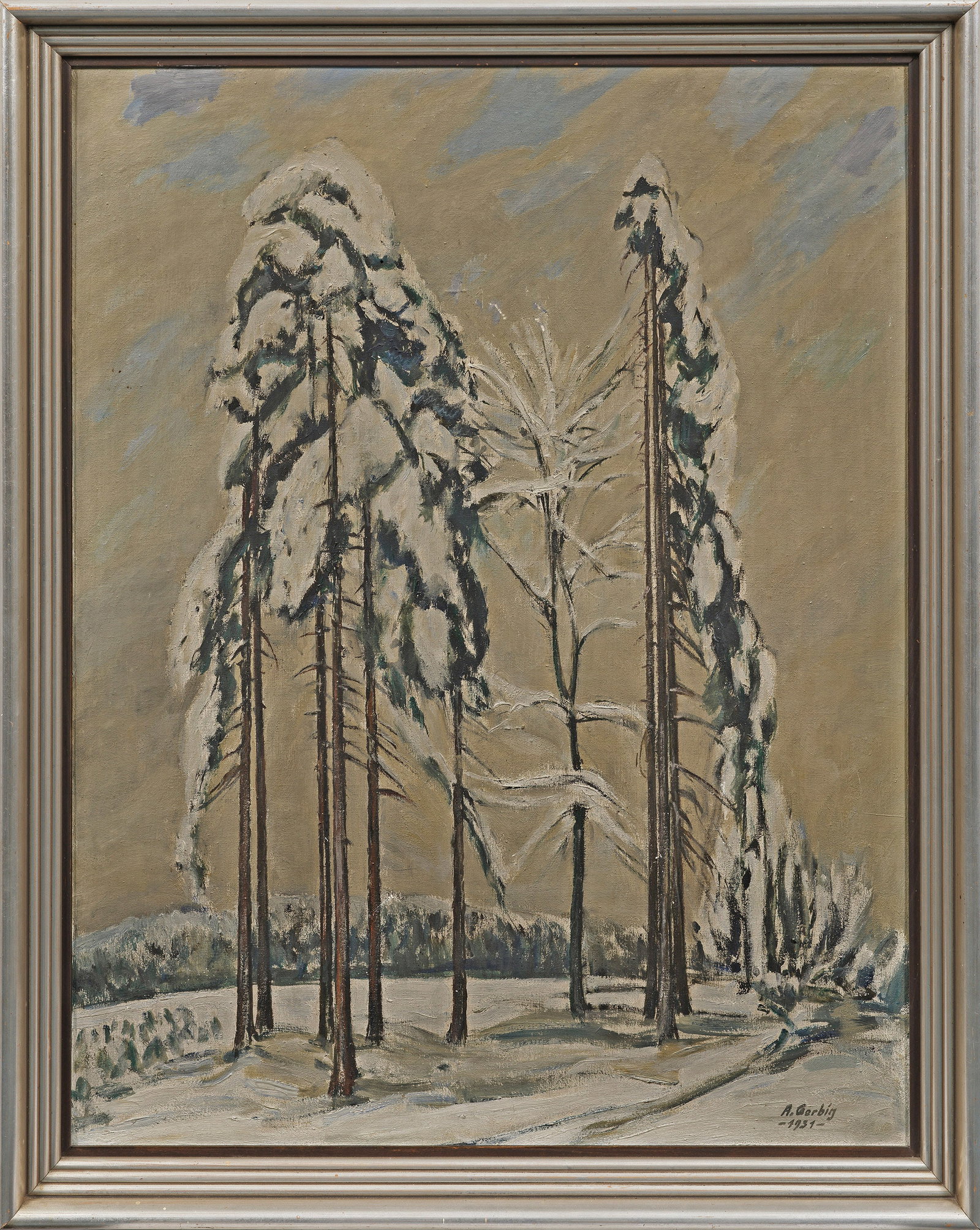 Alexander Gerbig: (1878 Suhl - 1948 ebenda) Winterliche Impression Durch eine niedrige, gekrümmte Horizontlinie und dominierenden, senkrecht gegliederter Bildaufbau, der eine verschneite Landschaft mit Bäumen